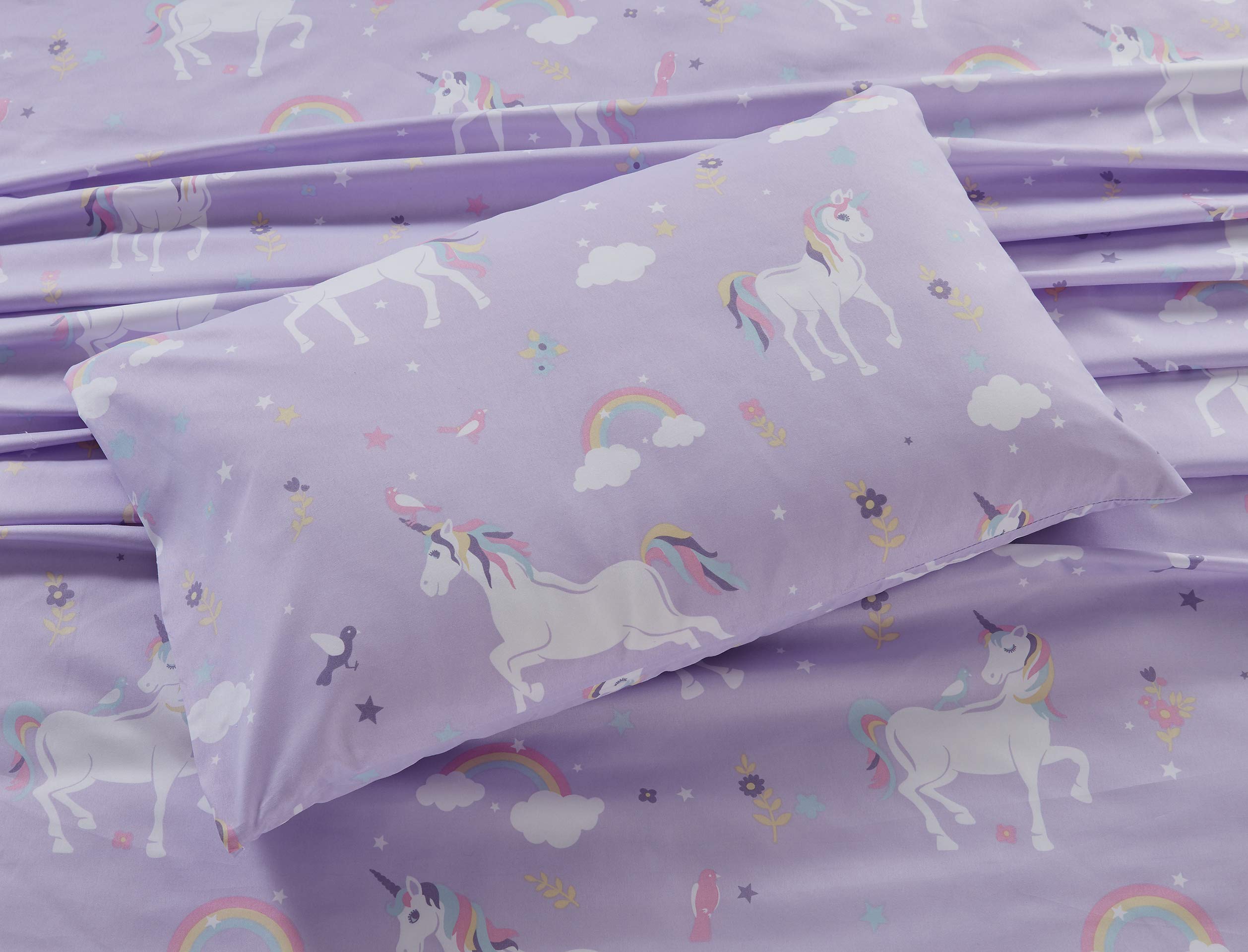 Juego de sábanas para niños/adolescentes, unicornio, pájaro, estrella, flor, nube, lila, morado, rosa, amarillo, blanco, nuevo # lila unicornio (individual) 3