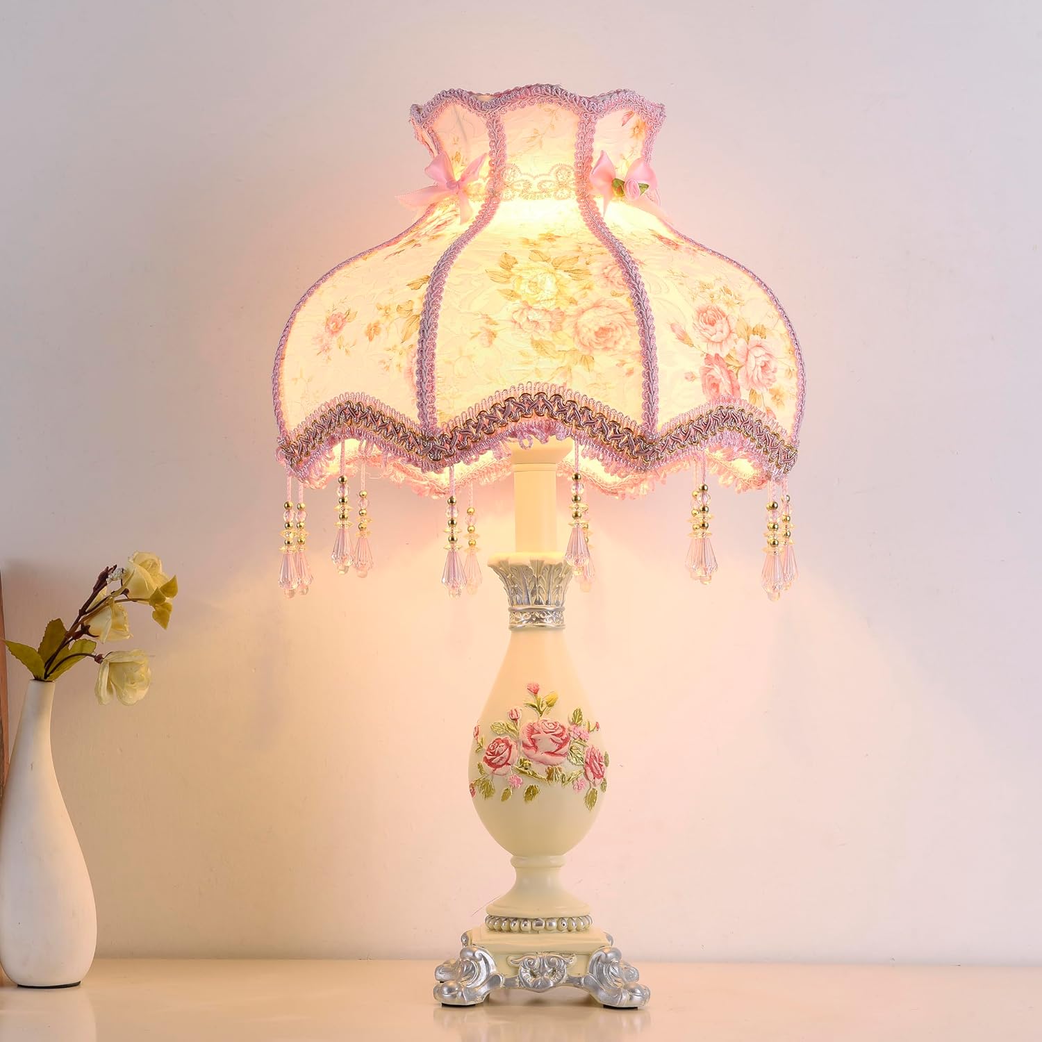 Cute Table Lamp with Fabric Lampshade, Antique Flower Decorative Bedside Desk Nightstand Lamp, Handmade Night Light for Bedroom Living Room (Pink and Beige)