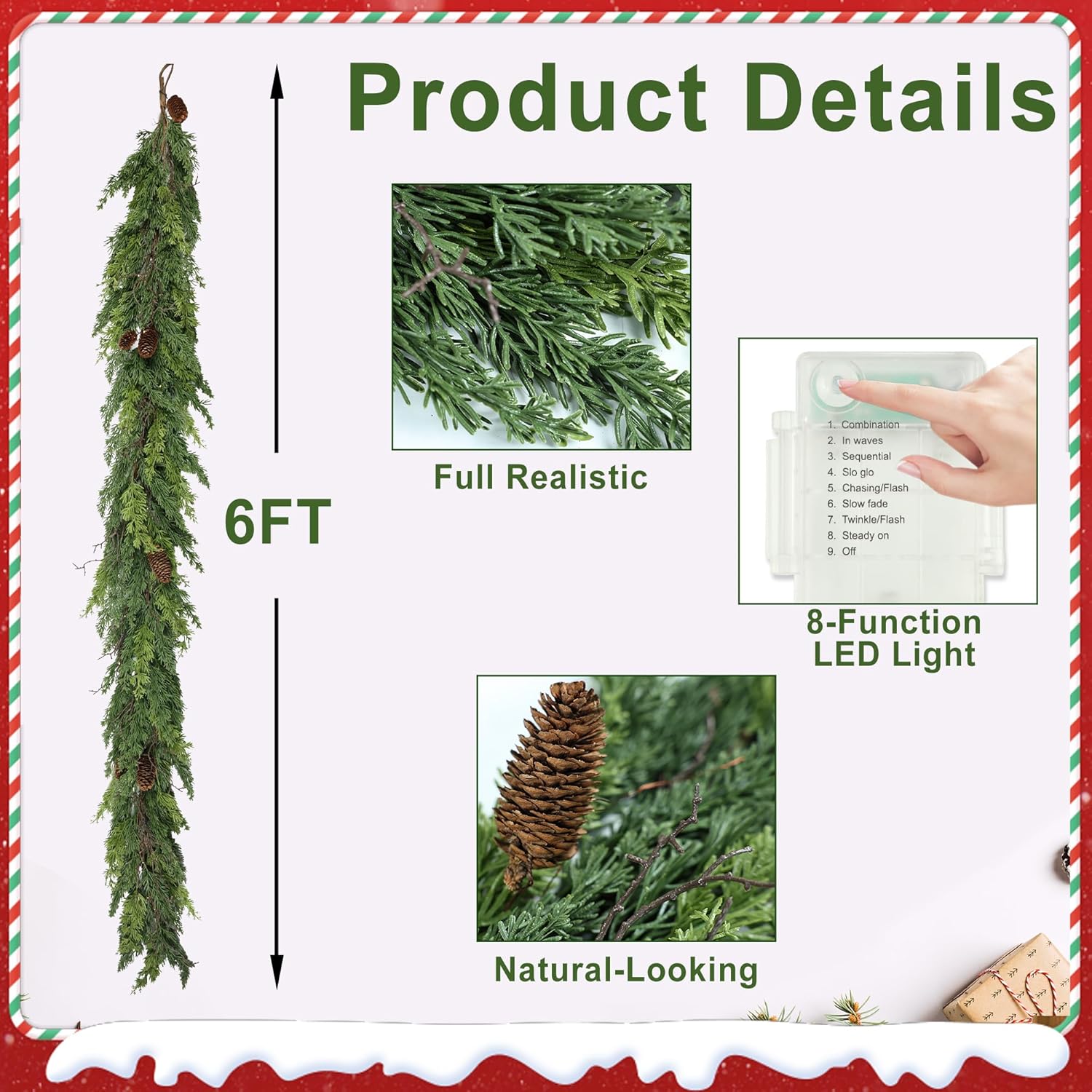 6ft Realistic Christmas Garland with LED Lights Artificial Cedar Cypress Garland with Pine Cones Garland for Home Fireplace Wall Indoor Outdoor Holiday Party Decoration-8 Lighting Modes