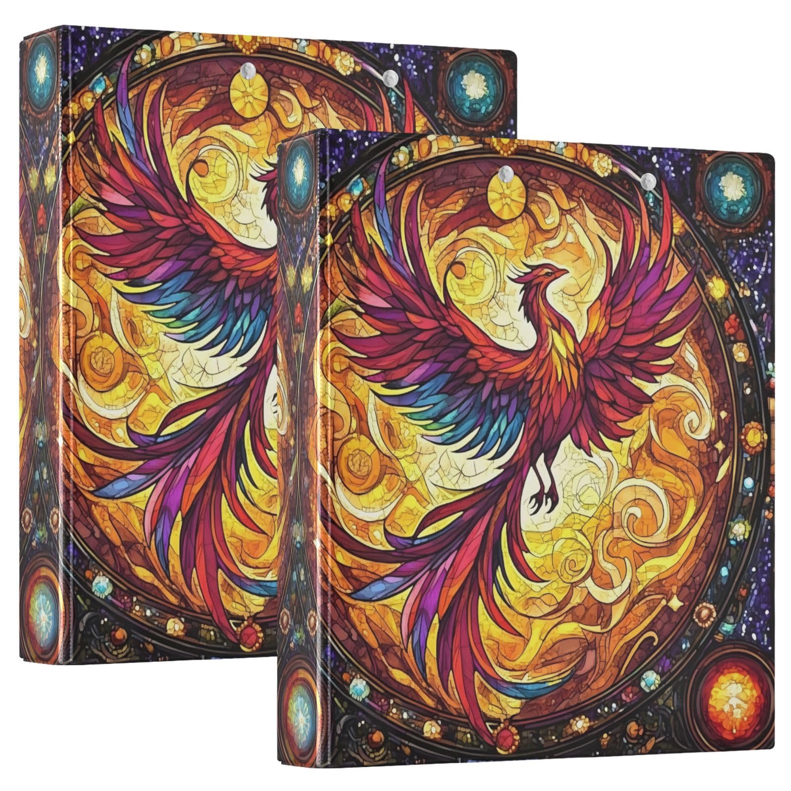 Phoenix Fire Wing Rainbow Glass 3 Ring Binder with 2 Interior Pockets 1.5 inch Binders 3 Ring Heavy Duty Fit 8.5" x 11" Letter Size for Office School, 2 Pack