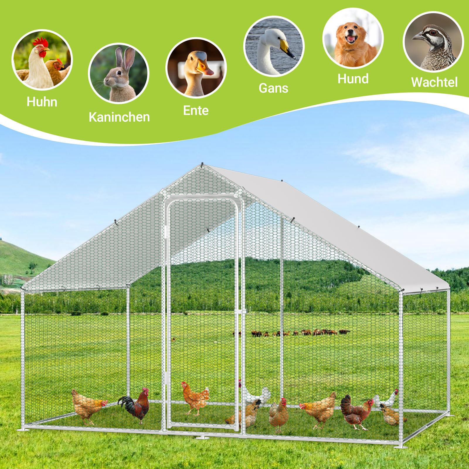 Poulailler pour chats et poules - Parc extérieur - 3 x 3 x 2 m - En acier galvanisé - Toit ombragé revêtu de PVC pour volaille, lapins, chiens