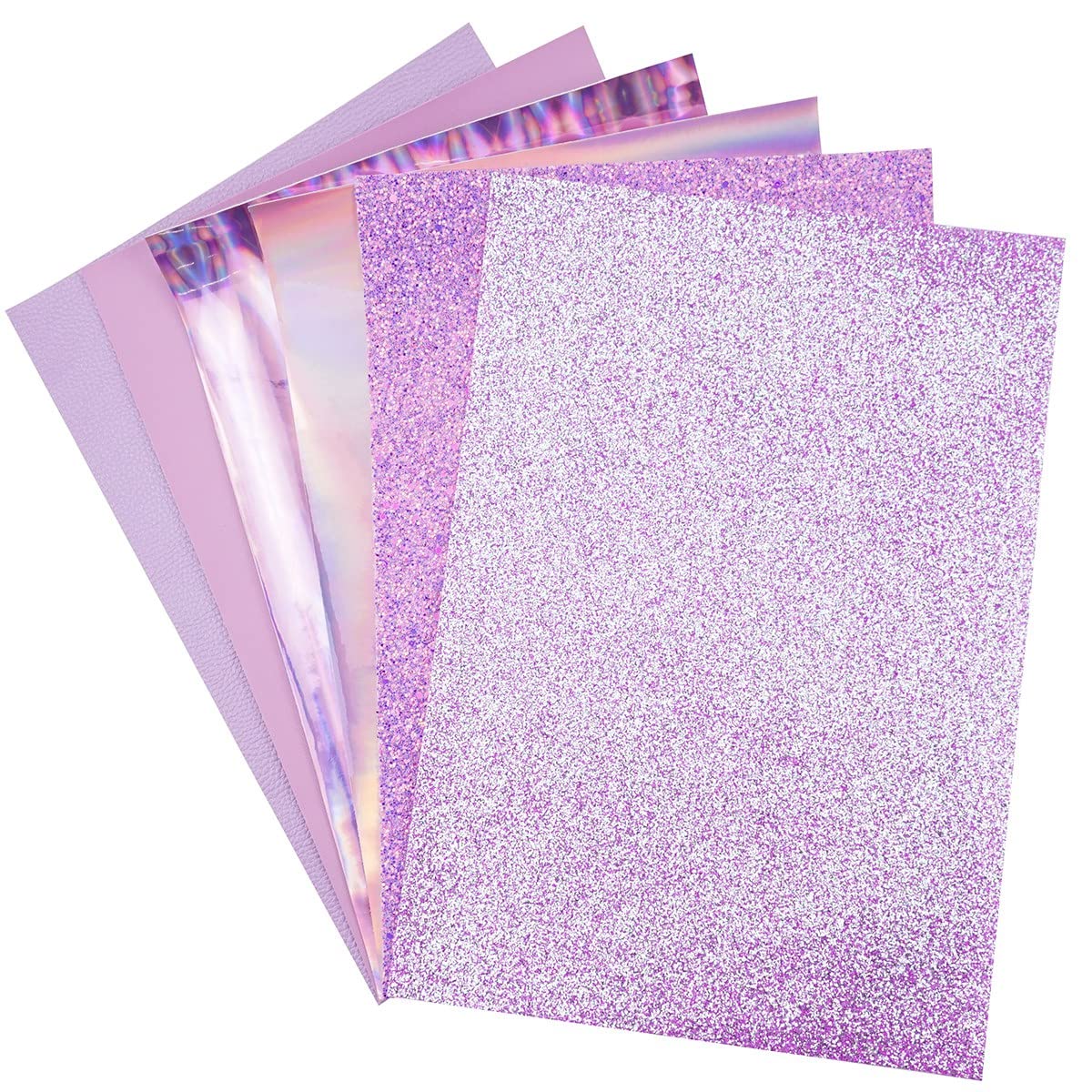 Juego de 6 piezas de 21 cm x 30 cm paquete A4 de hojas de cuero mixtas de color morado claro serie fina y gruesa con purpurina tela holográfica de piel sintética para hacer aretes de lazo manualidades