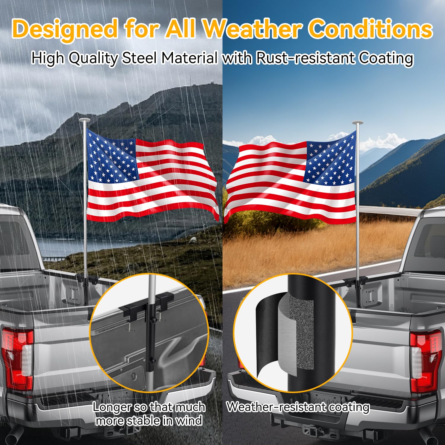Soporte para mástil de Bandera, Soporte para mástil de camioneta, Soporte para mástil de Bandera para Camiones y Camas de Remolque, no Requiere taladrar