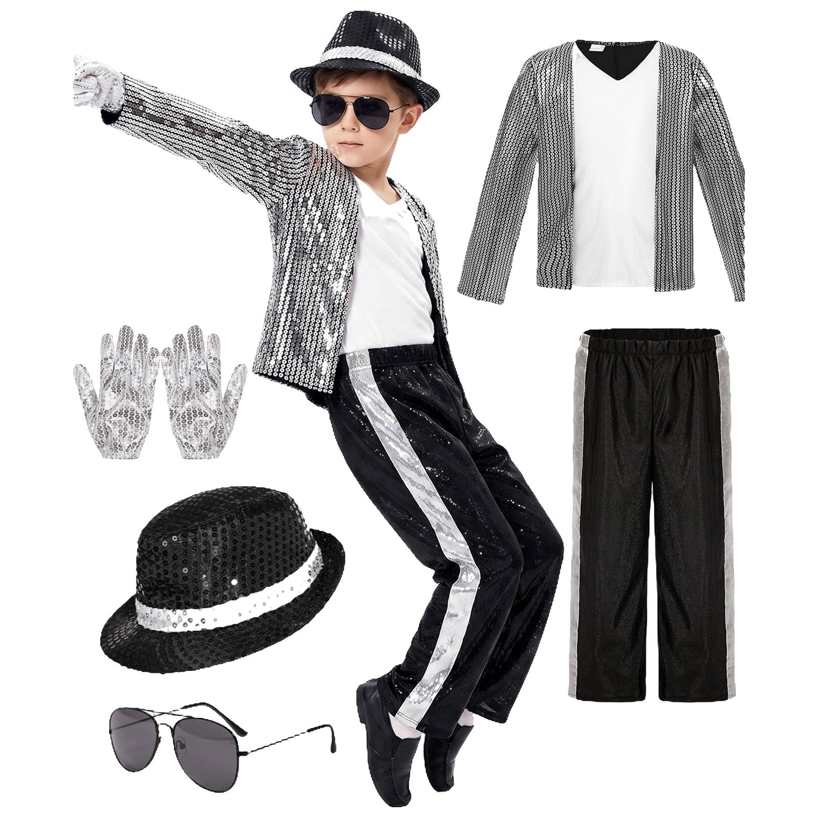 Kid Performance Outfit Sequin Shiny Costume for Boy Girl Jacket Pants Gloves Sunglasses Hat Sets Stage Party Halloween Cosplay Dance Wear 80s Disco Outfits 80s Disco Costume