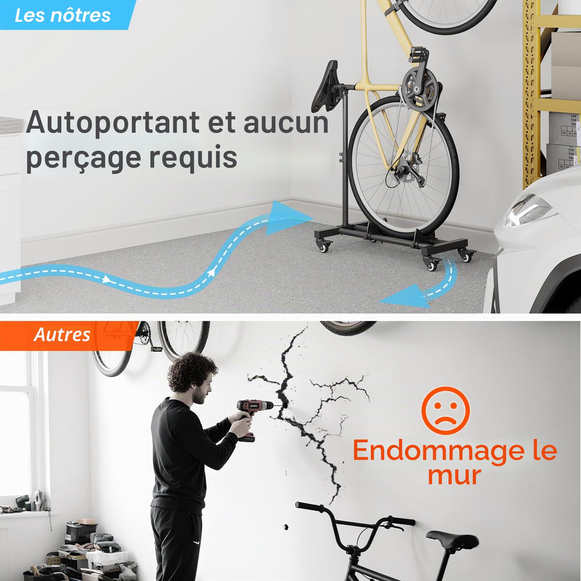 Support vertical pour vélo autonome pour rangement de garage, support vertical pour vélo avec hauteur réglable et roulettes à 360 °, support de vélo d'intérieur pour vélos standard de 61 à 73,7 cm