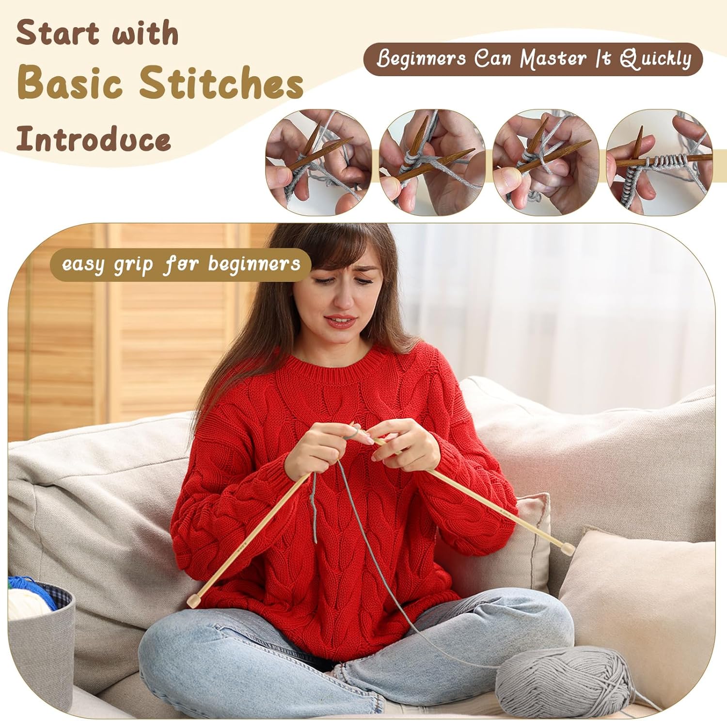 Maasechs Knitting Kit for Beginners, Learn to Knit Kit for Adults, Complete Hat, Scarf, Gloves Starter Bundle with Step-by-Step Instructions Includes Wool Yarn, Needles & Accessories (Gray)