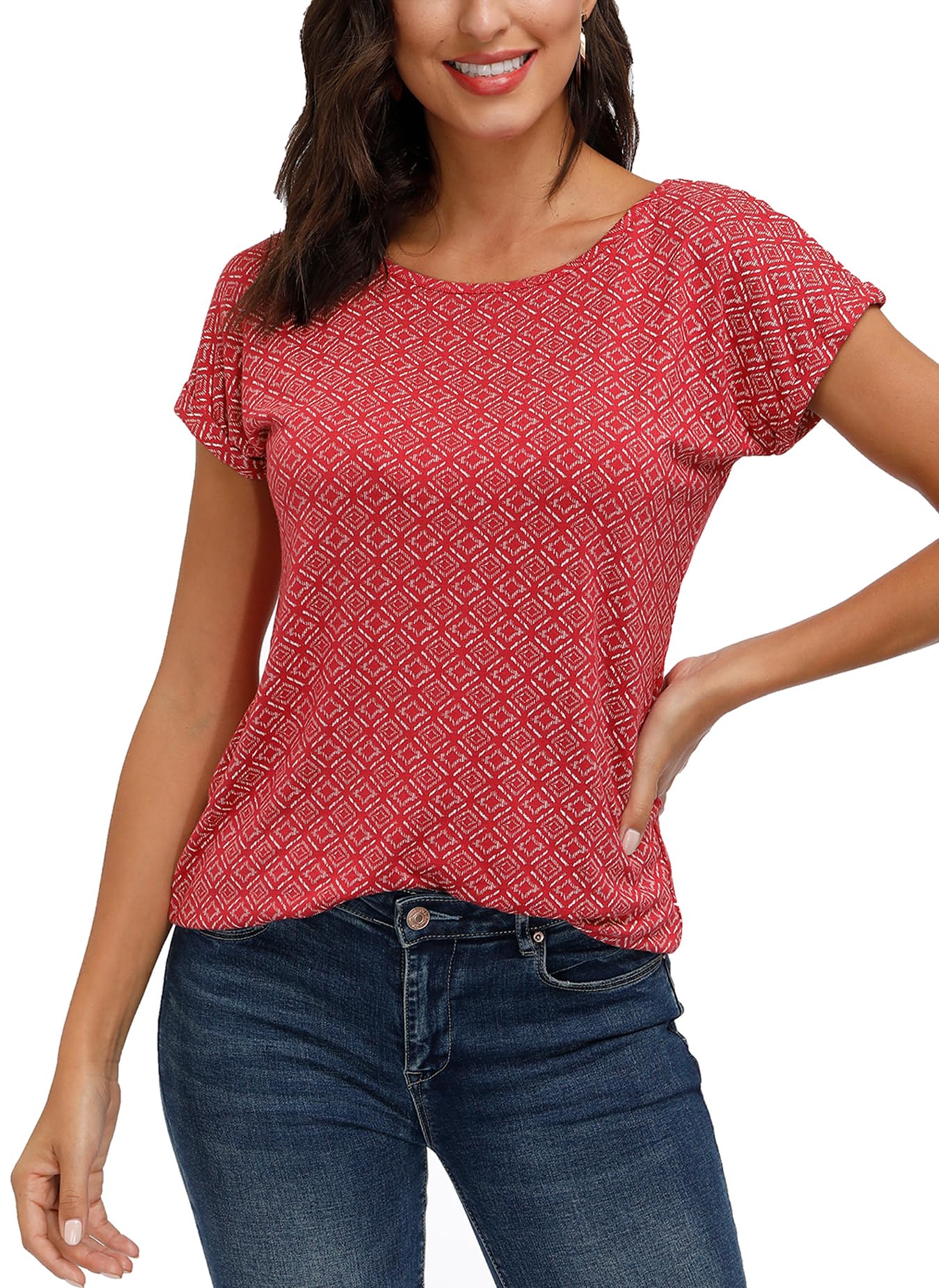 TrendiMax Damen T-Shirt Kurzarm Sommer Shirt mit Allover-Minimal Print Stretch Oberteile Bluse Tops Basic Tee