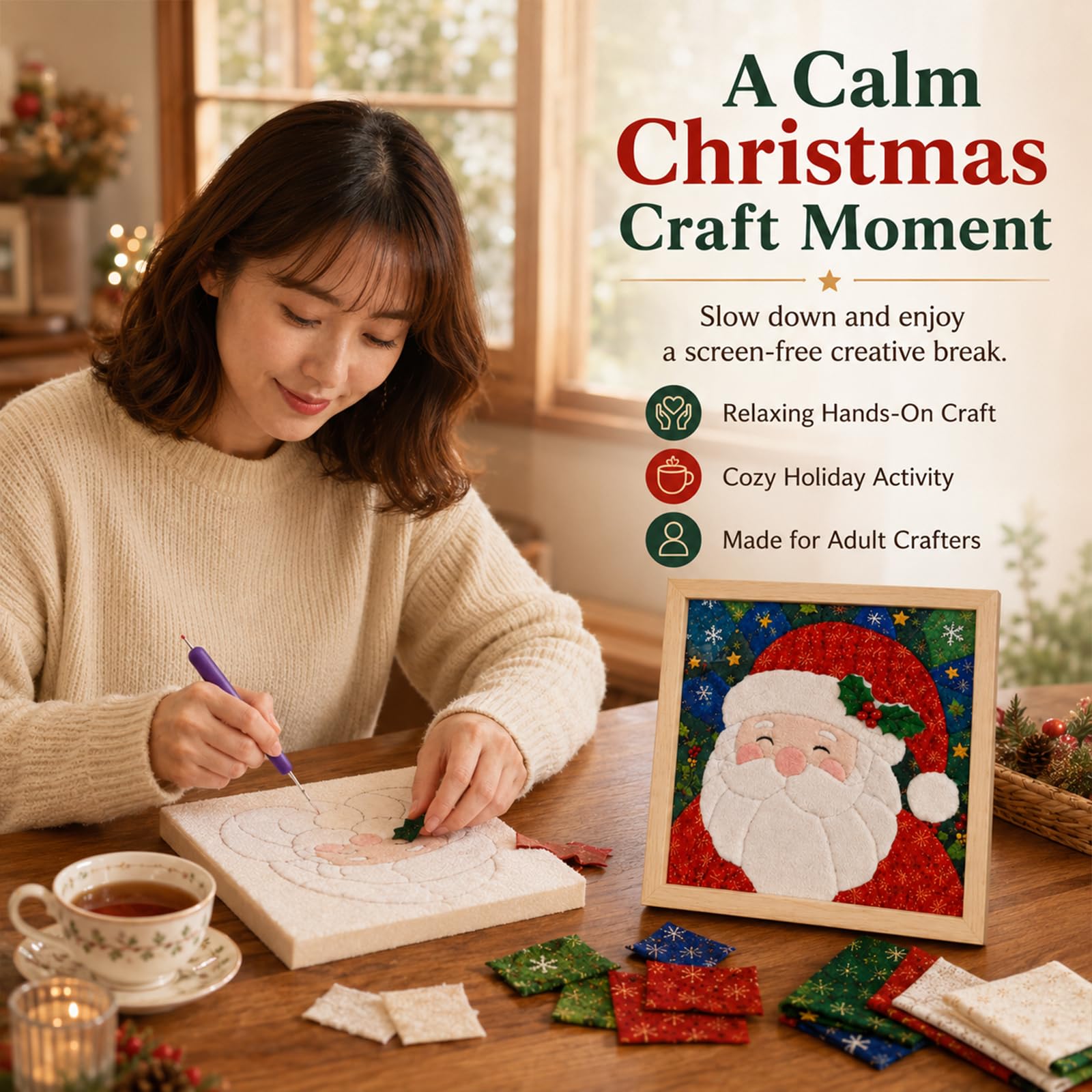 No-Sew DIY Kinusaiga Fabric Art Kit, with Frame & Tools, B04, Christmas Collection - Image 5