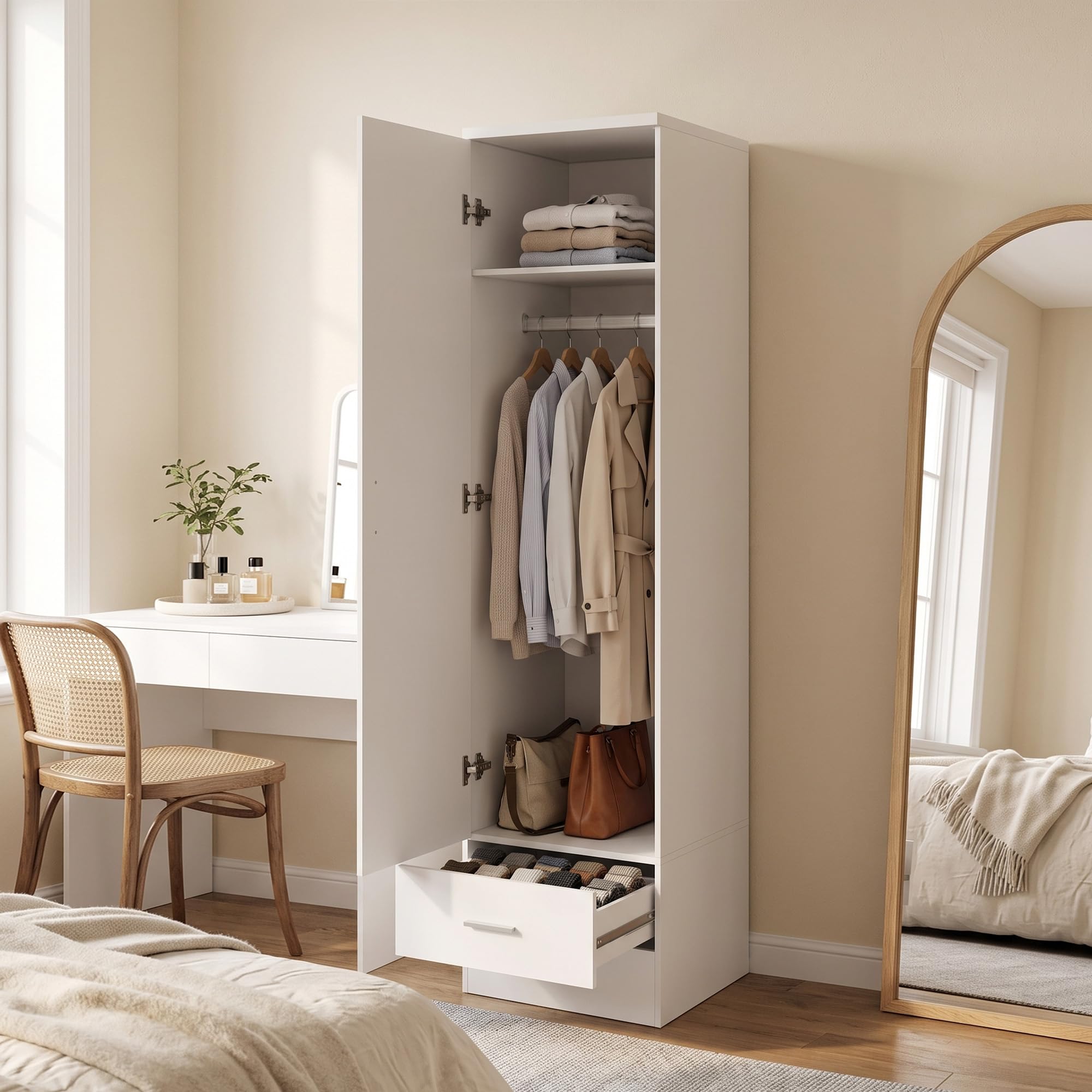 HOMCOM Armario Dormitorio Moderno, Armario Ropero 40x52x170 cm Blanco | Barra para Colgar, Cajón, Estante Superior