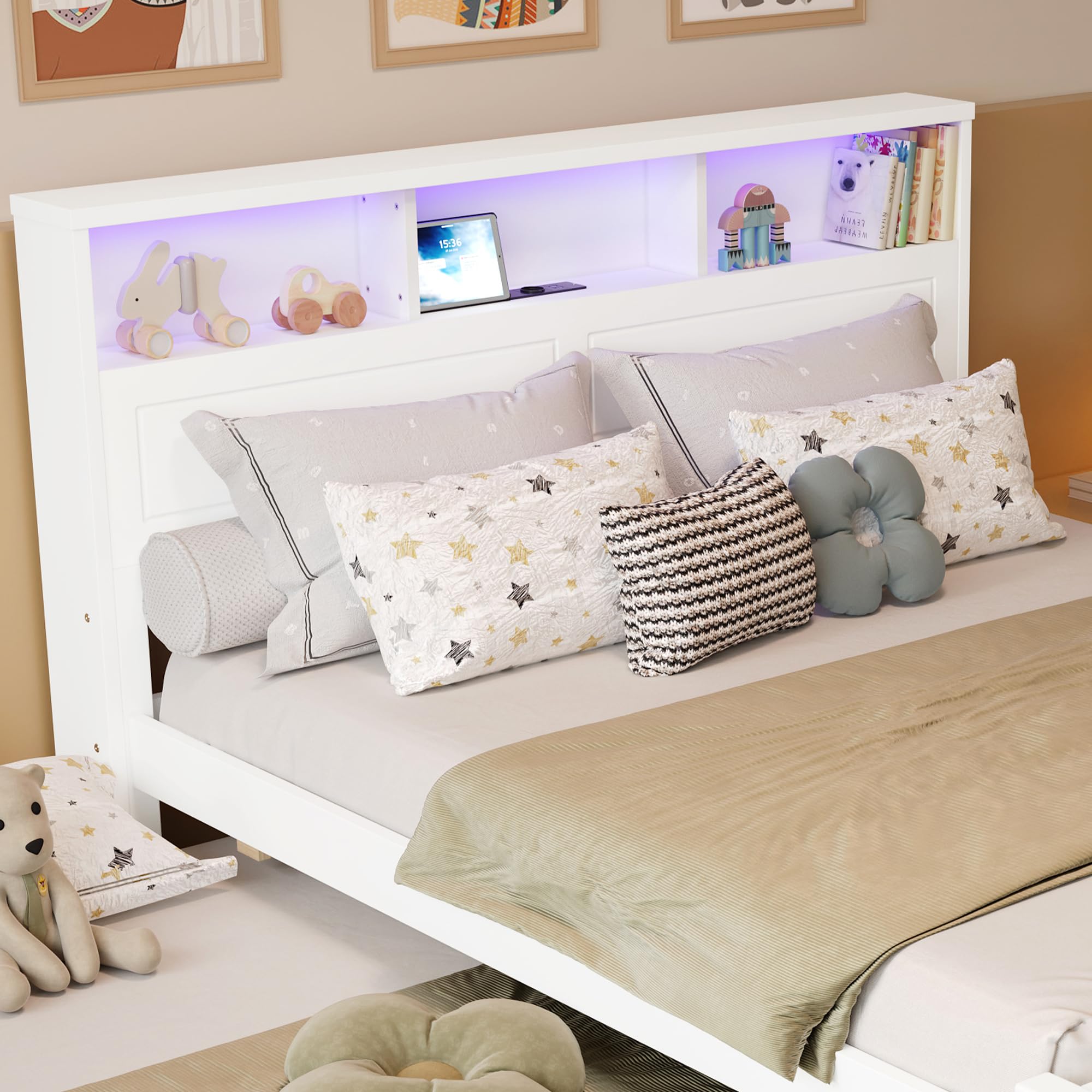 Letto Matrimoniale con letto Estraibile 120x200 e 90 * 190 cm, Letto Piano con Striscia Luminosa, Presa di Ricarica Integrata, Contenitore nella Testiera, struttura in pino e MDF, Bianco