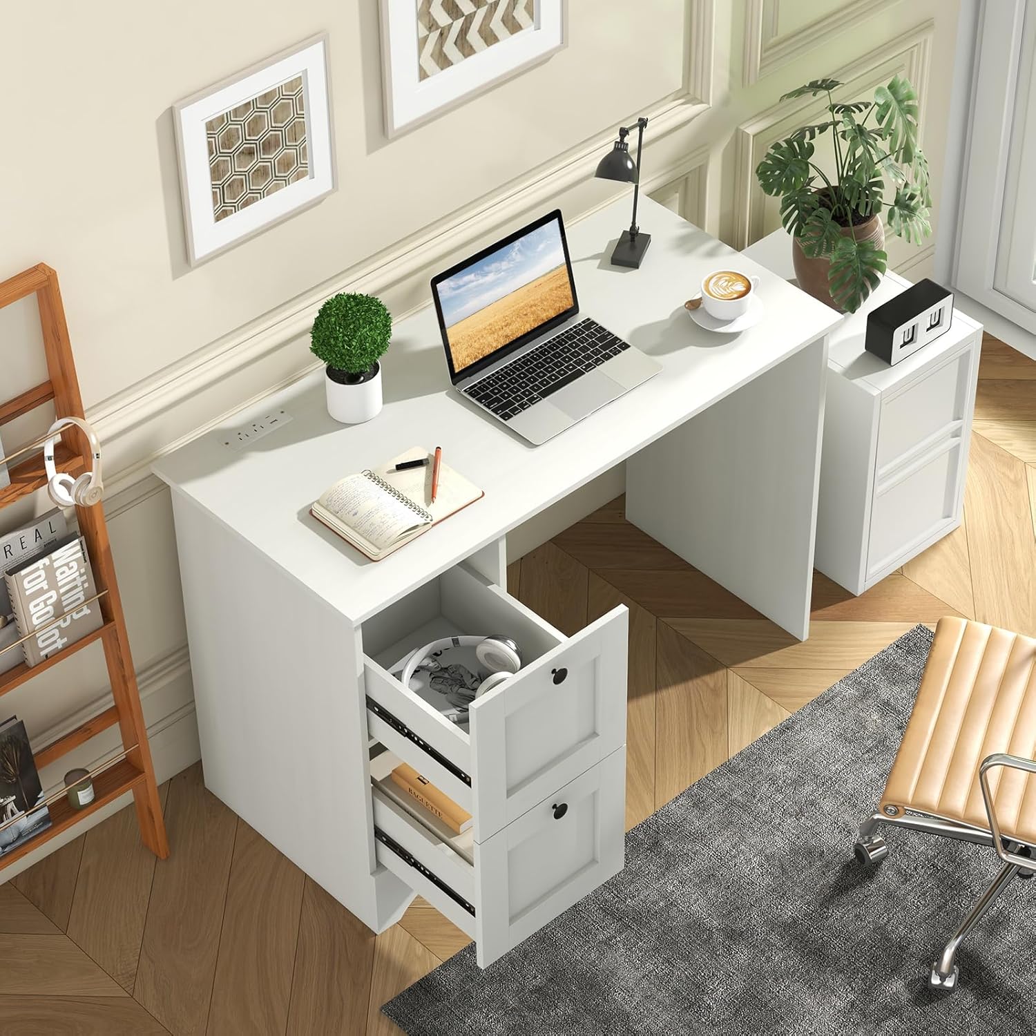 Tangkula White Desk with Drawers & Charging Station, Wooden Home Office Desk PC Laptop Notebook Desk, Compact Study Desk Writing Desk, Computer Workstation Ideal for Home & Office