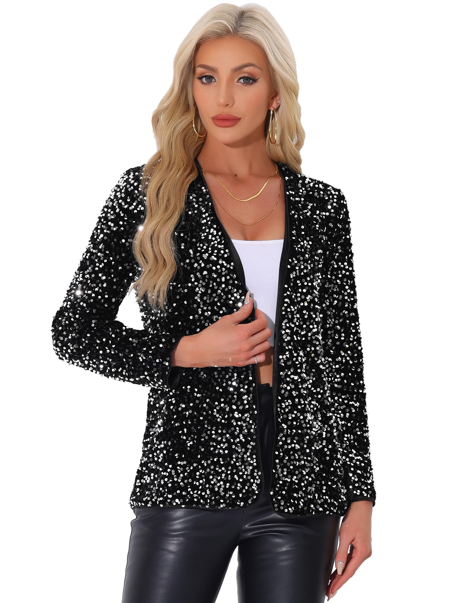 Allegra K Mujer Cárdigan Blazer Lentejuelas Manga Larga Abierto Fiesta
