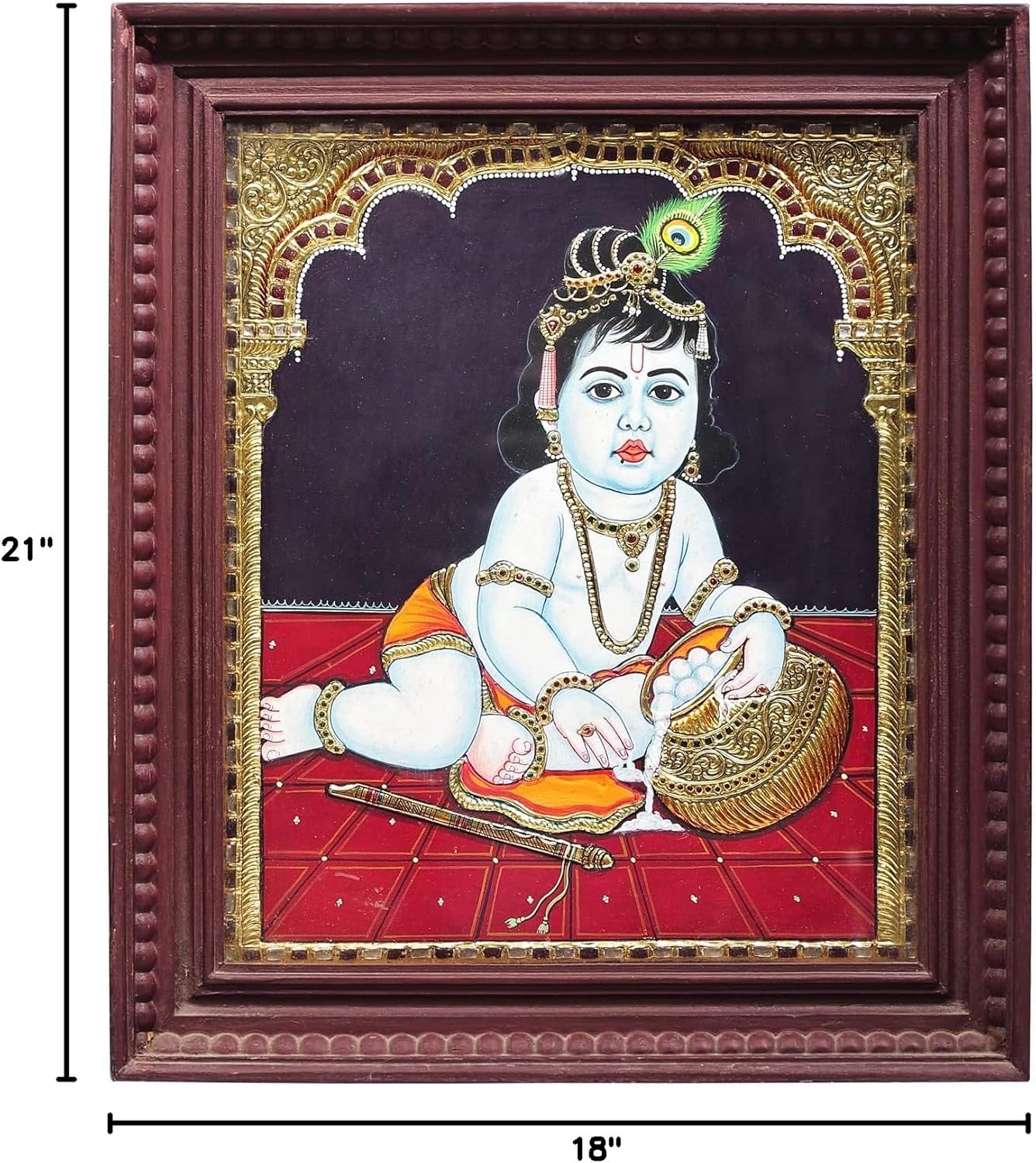 Exotic India 18" x 21" Butter Krishna Tanjore Painting | Traditional Colors With 24K Gold | Teakwood Frame | Gold