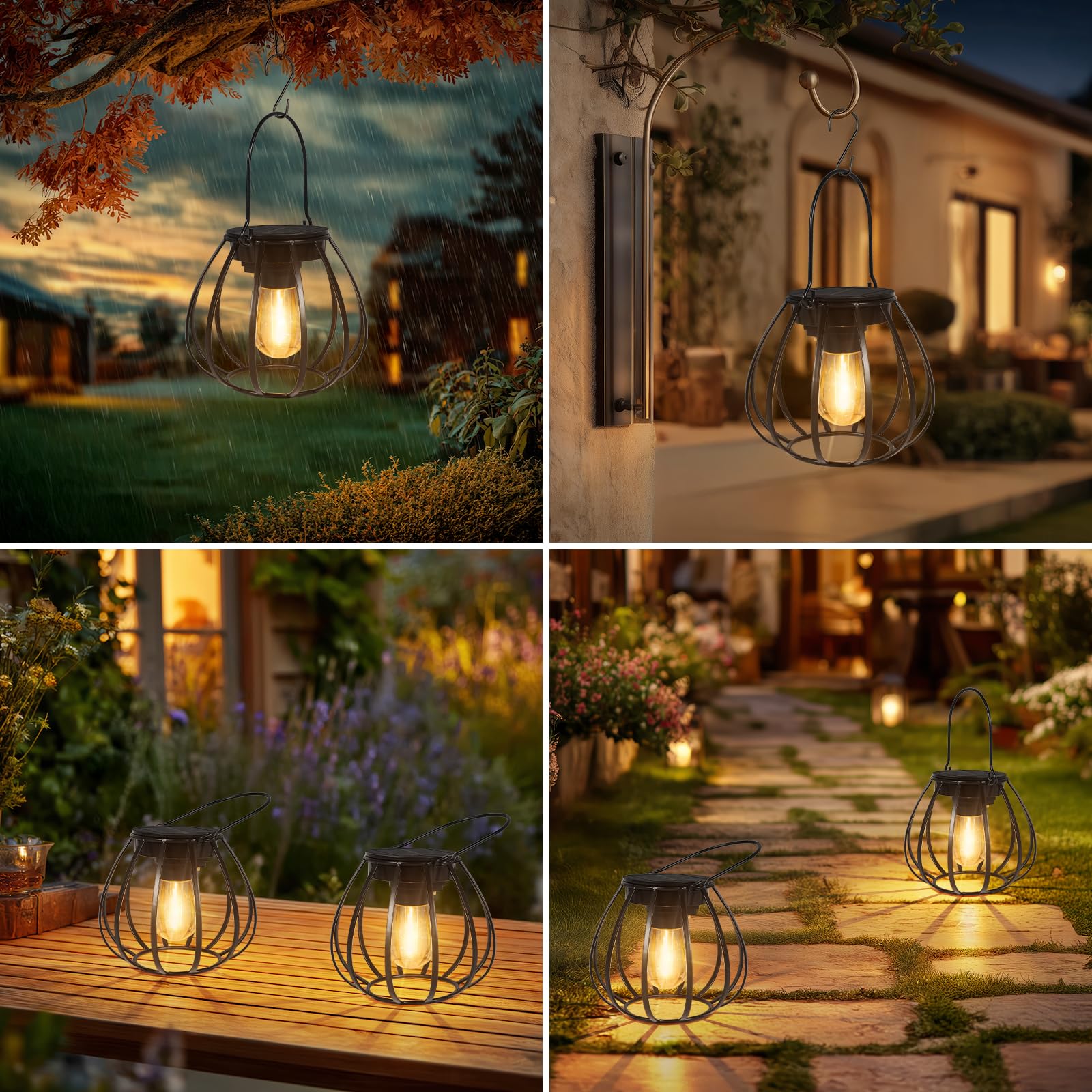 Solarlampen für Außen Hängend/Stehend 2 Stück - Solar Lampions Außen Wetterfest - Solar Laternen mit LED Glühbirne Warmweiss für Gartendeko, Balkon, Terassendeko, Camping Lampe