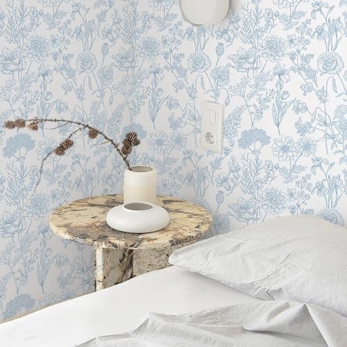 Miniatura 2 de EeeComing Papel tapiz floral para despegar y enfermar, papel de contacto bohemio, moderno, blanco y azul, papel de pared autoadhesivo extraíble para