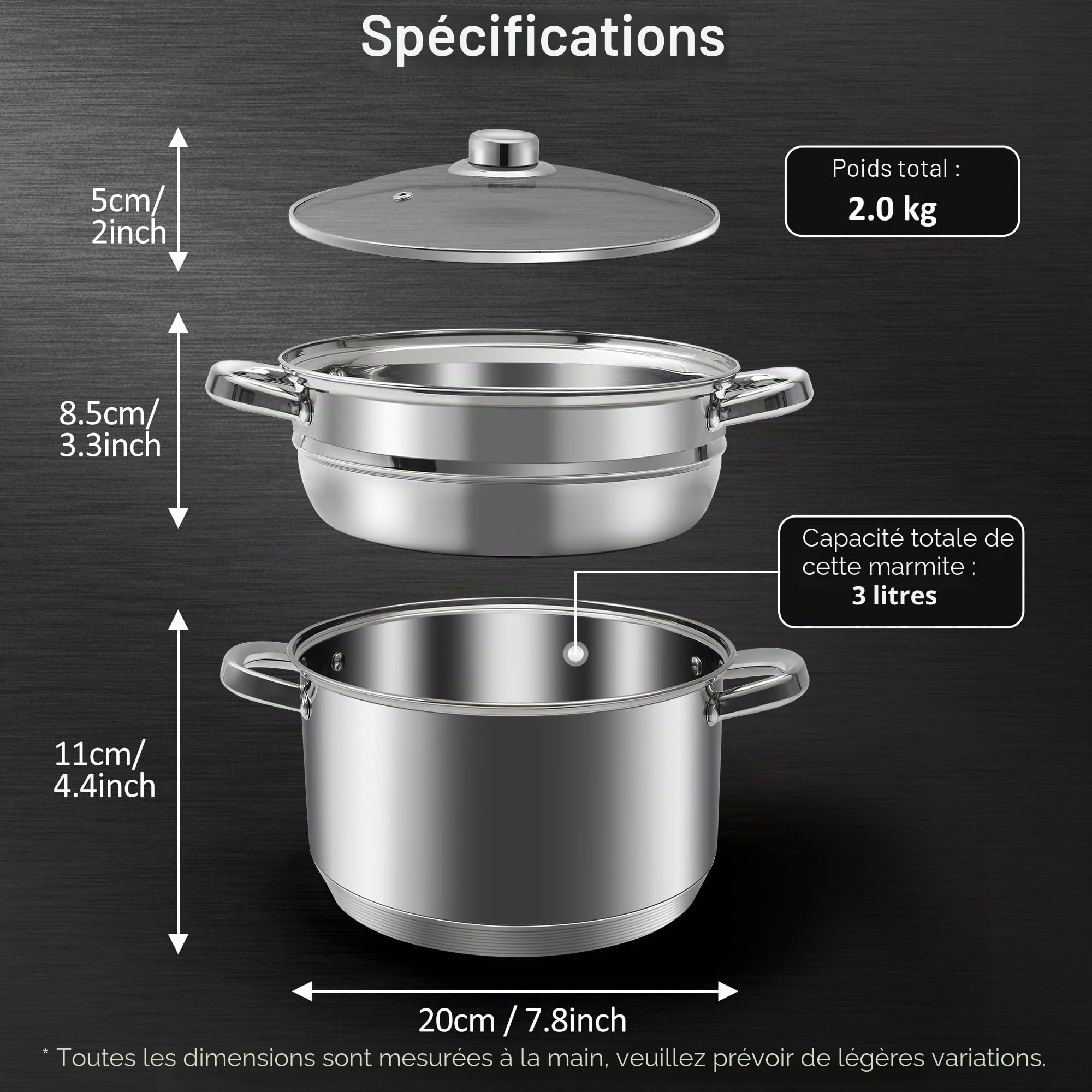 AuFranc® Cuiseur Vapeur à 3 Étages en Inox 18/10 avec Couvercle en Verre, 20CM Cuiseur Vapeur de 3 Litres, Empilable, Casseroles Adapté à la Tous Feux Dont Induction (Argent)
