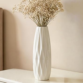 White Ceramic Flower Vase, 12 Inch, Ribbed Design