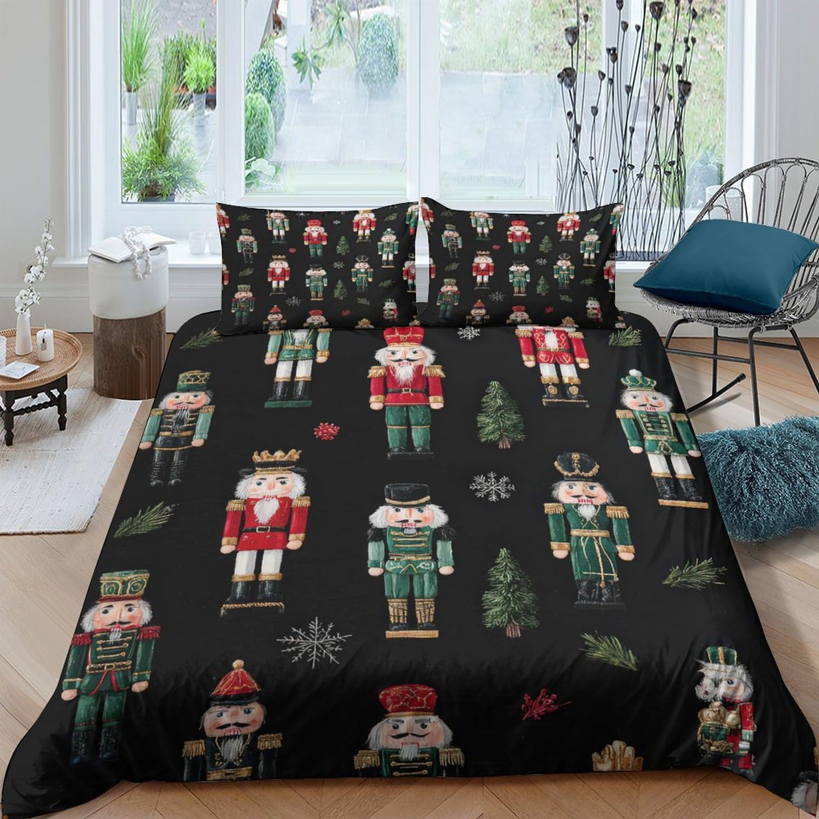 GPLZQXKJNH 3D Printed Nutcracker Soldier Duvet Cover Microfiber Soft Breathable Christmas Tree Bedding Set with 2 Pillowcases for Bedroom Decor Single（135x200cm）