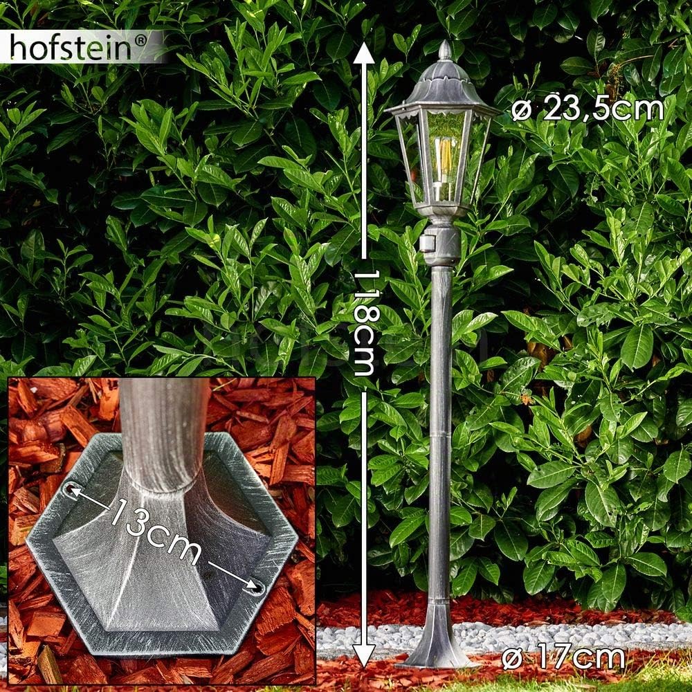 Lampadaire extérieur Lignac avec détecteur de mouvements en aluminium moulé noir/argenté et verres transparents de 118 cm de haut, pour 1 ampoule E27, IP44, ampoule(s) non incluse(s)