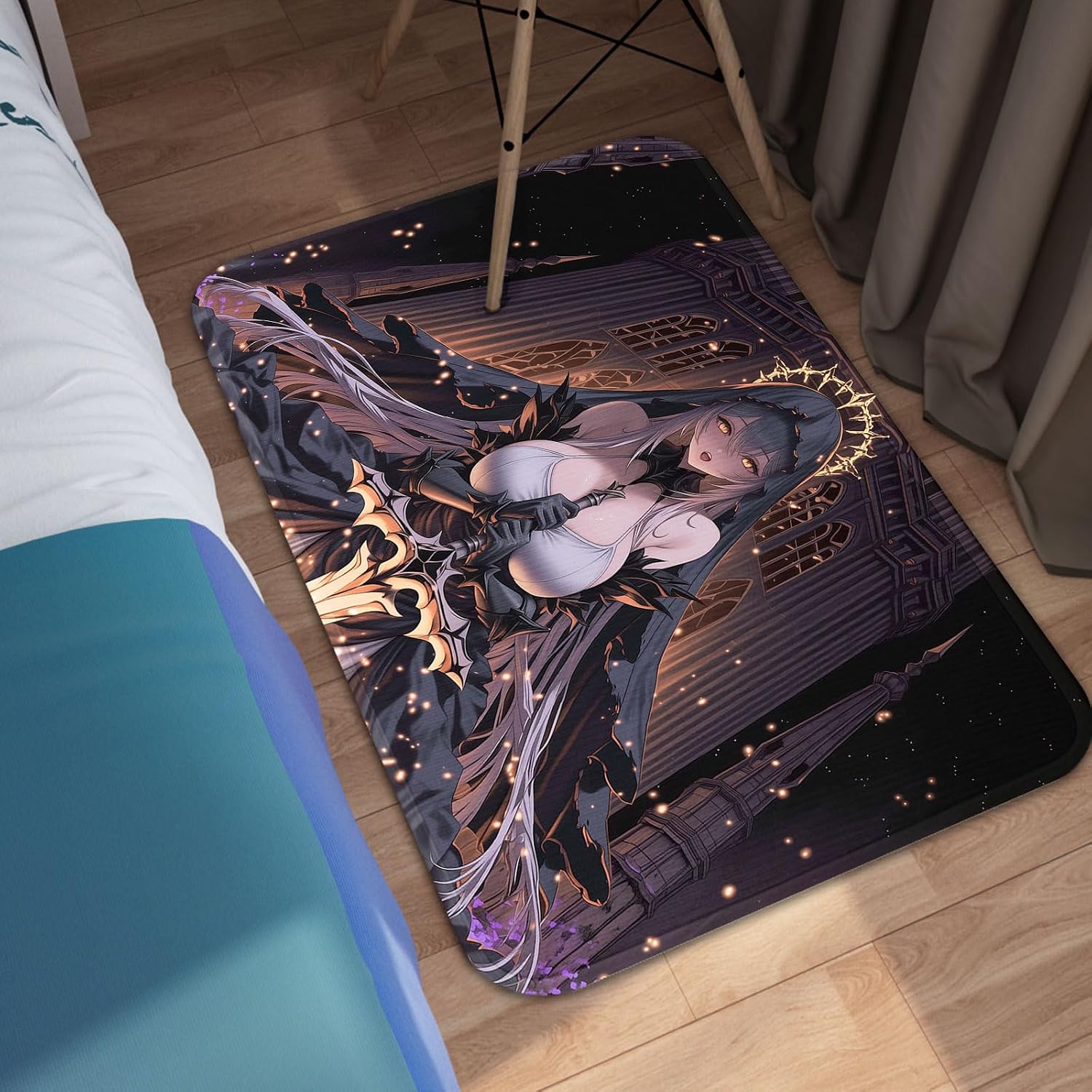 Dark Gothic Holy Sword Nun Anime Floor Mat, Gothic Silver Hair Golden Halo Nun Door mat, Dark Anime Area Rug, Gaming Battle Station Decor, Bathroom Runner for Game Room Decor (32" x 20") image 5
