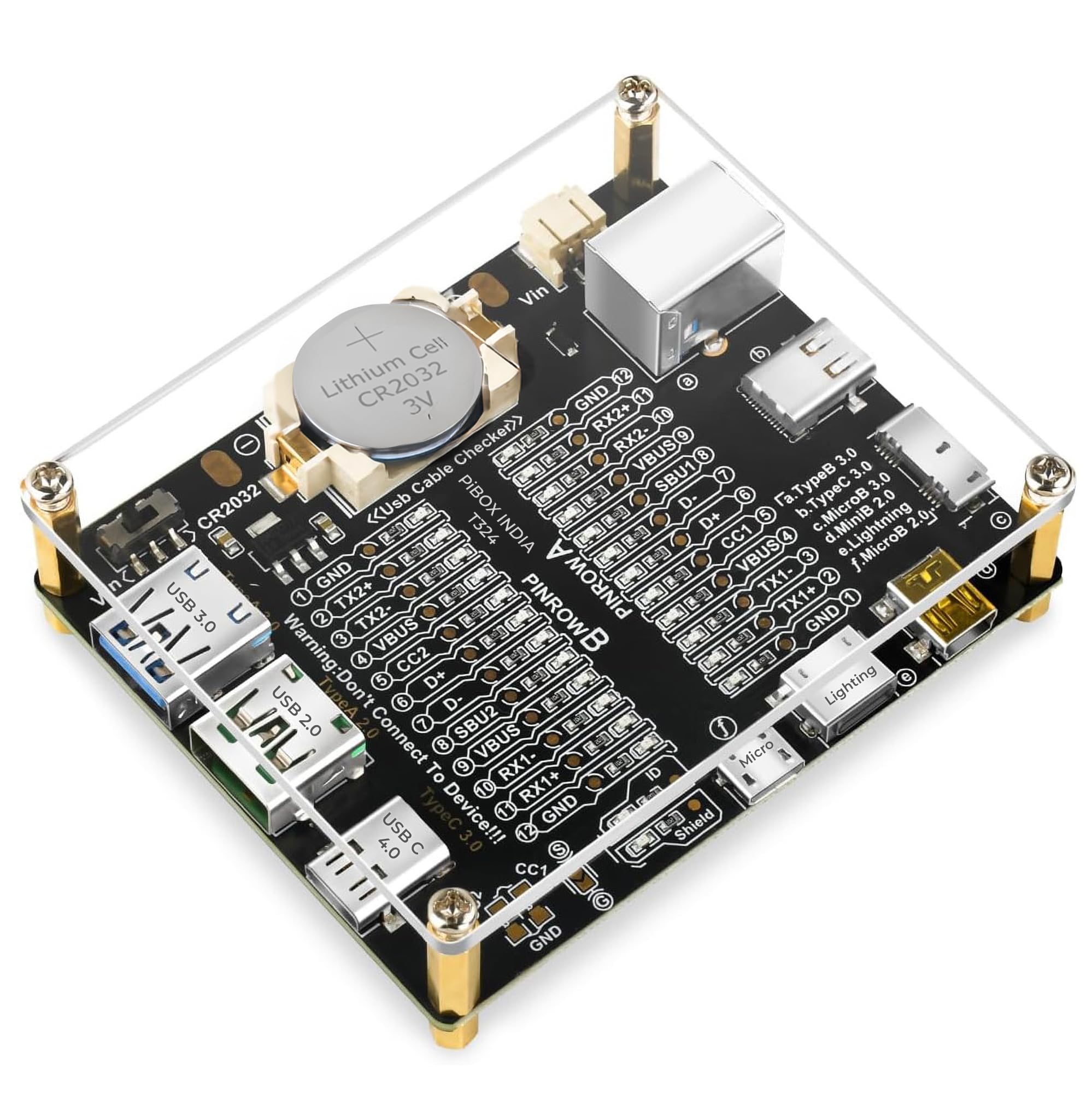 PiBox India T324 USB 4.0 Cable Tester Board - Professional Continuity Checker with 24 LED Indicators for USB Type-C/USB-A/Micro-B/Mini-B Continuity Testing Lightning Cables with Acrylic Case-image-35