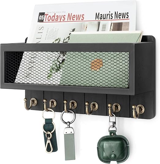 Rebee Vision Decorative Key and Mail Holder for Wall: Farmhouse Wall Mount Sorter with Storage Basket and 6 Retro Key Hooks - Wooden Mail Holder for Office, Appartment, Home Decor (Modern Black)