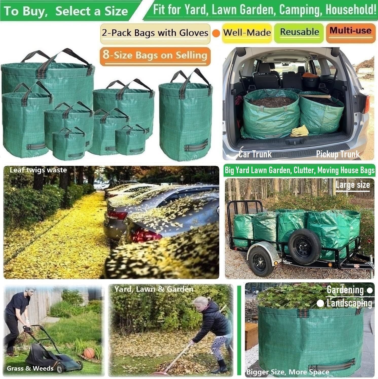 Professional 2-Pack 106 Gallon Large Lawn Garden Bags (D31,H31 inch) Yard Waste Bags with Gardening Gloves for Leaf Bags,Yard Debris Bag,Garden Trash Container,Lawn Grass Clippings,Weeds Bag 4 Handles