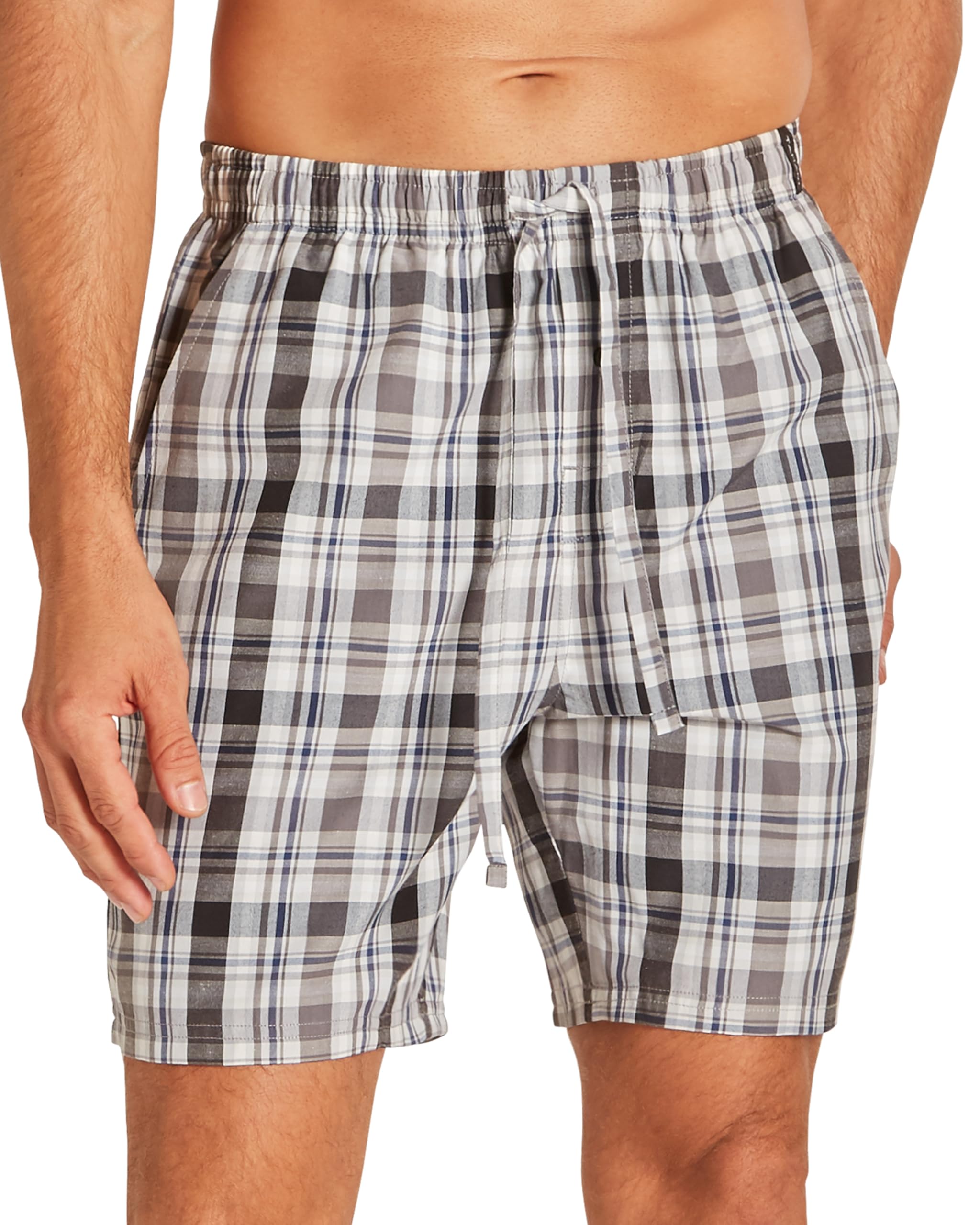 TAHARI Woven Pajama Shorts for Men – Lightweight Poplin Cotton Sleepwear with Drawstrings and Pockets (Black Open Plaid, Large)