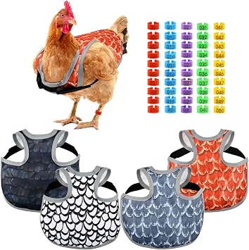 4PCS Chicken Saddles for hens, Chicken Apron Back Protector for Hens with Adjustable Strap, Chickens Hen Mating Saddle, with 50pcs Chickens Identification Band