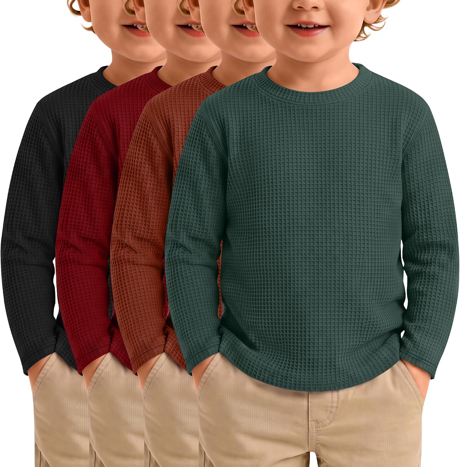 4 Pack Toddler Boys Waffle Shirts Long Sleeve Tops