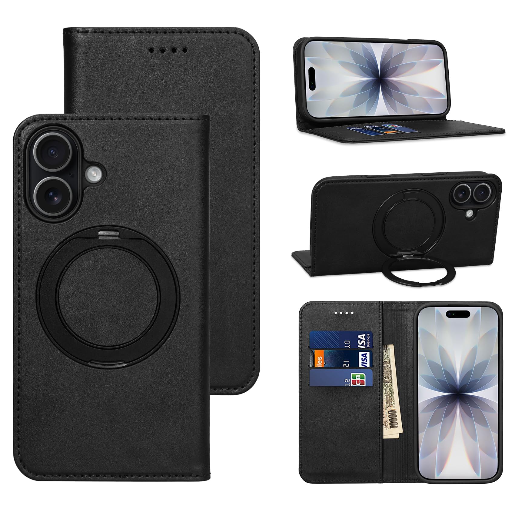【Keallce】iPhone 17 用 ケース 手帳型 アイフォン17 手帳型 ケース リング付き 360°回転スタンド 縦横両対応 カード収納 マグネット付き PUレザー 耐衝撃 全面保護 スマホケース いphone17 カバー 6.3インチ ブラック