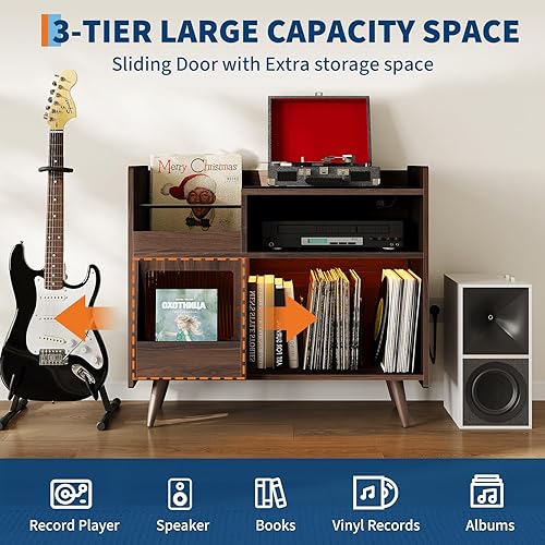 Miniatura 5 de Garvee Soporte grande para tocadiscos, armario de almacenamiento de discos de vinilo con estación de carga de puerta corredera y luces LED para sala