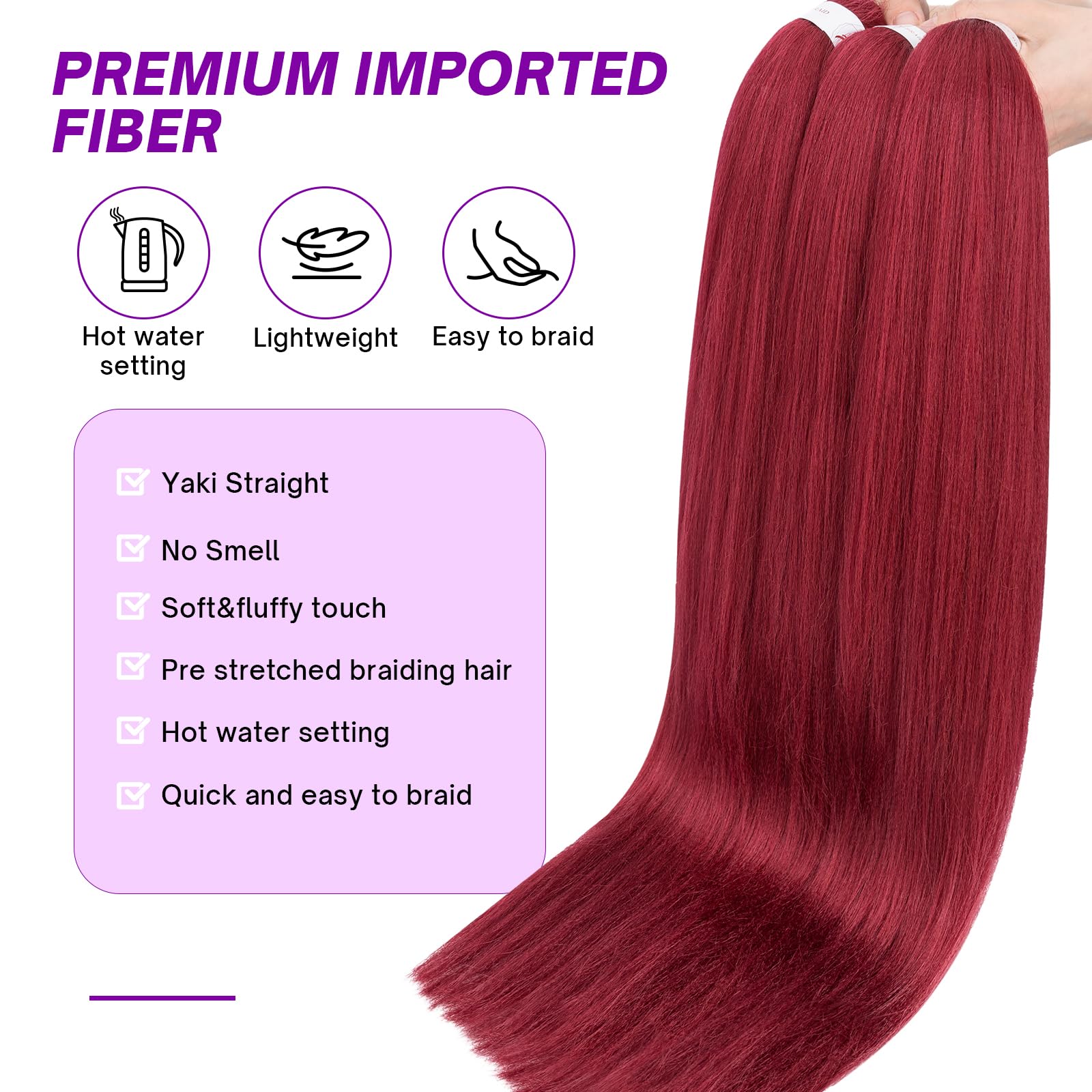 S-noilite Long EZ Braids Pre-Stretched Easy Braiding Hair Extensions for Crochet Box Twist Braids Ombre Yaki Texture Synthetic Hair Hot Water Setting,26 Inch 1Pack 90g,Dark Red - Image 2