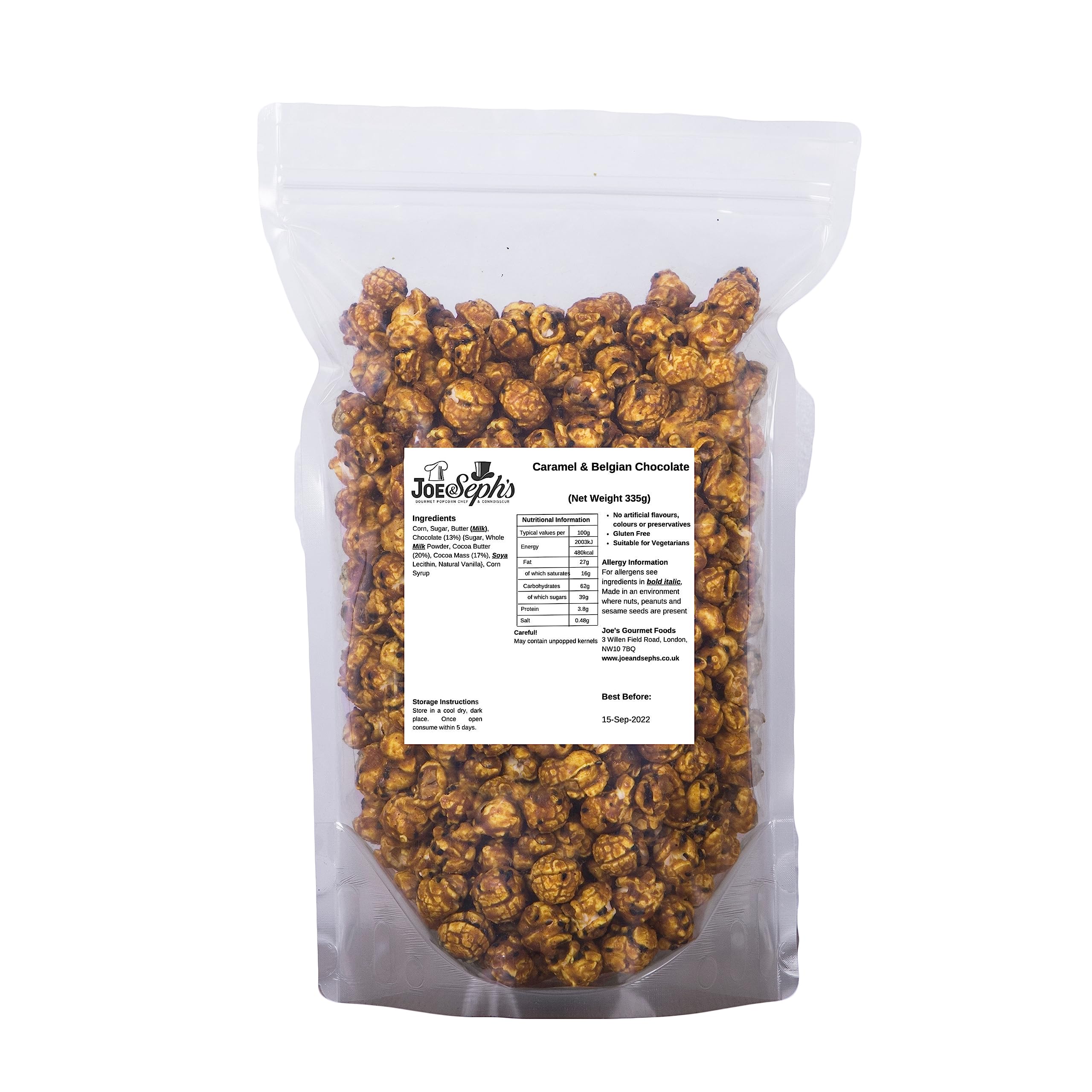 Joe & Seph's Popcorn Bulk Party Pack, Gluten Free, Suitable for Vegetarians, Handmade in UK, Caramel & Belgian Chocolate, 335 g Bag