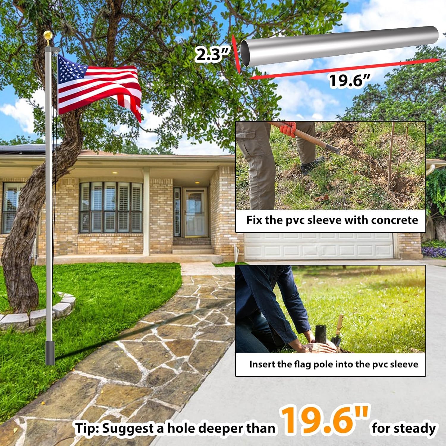 AgiiMan 25FT Flag Pole Kit for Outside House, Including 16 Gauge Outdoor Heavy Duty Flagpole In Ground with 3x5 American Flag and Ball Topper for Residential or Commercial Use, Silver
