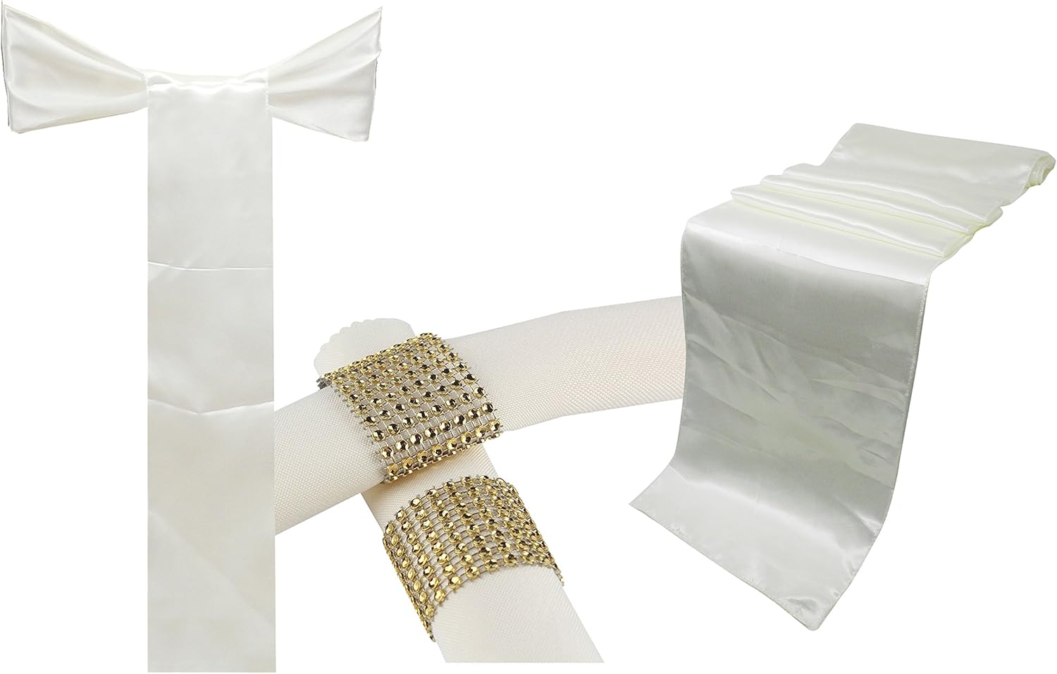 Combo Pack 10 Satin Table Runner 12x108 inch & 50 Chair Bow Sash & 50 Plastic Rhinestone Napkin Rings Wedding Banquet Kitchen HomeDecor