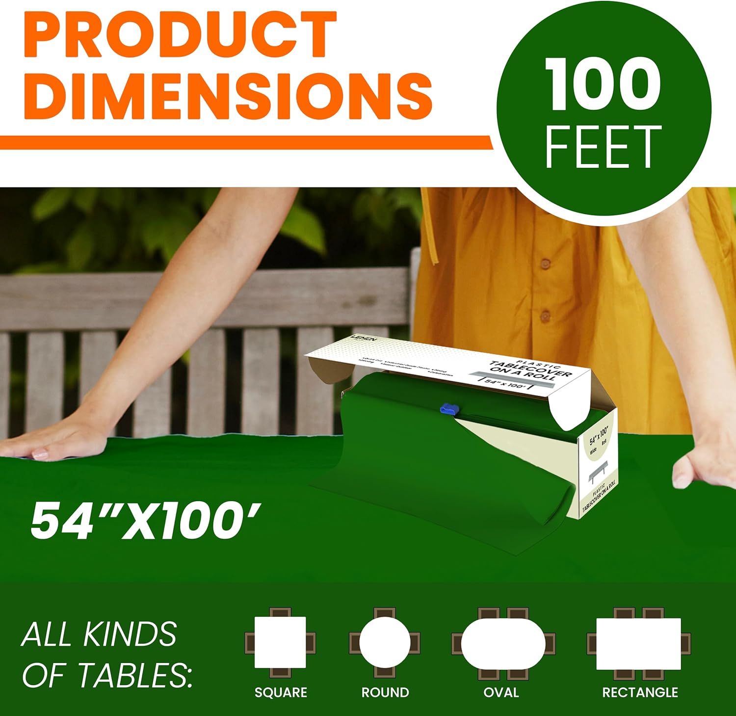 LEMON + Co. Green Premium Plastic Tablecloth Roll - 54" x100' for Parties with Cutter Box - Cut to Size Rectangle & Round Disposable Tablecloth Plastic Table Cover
