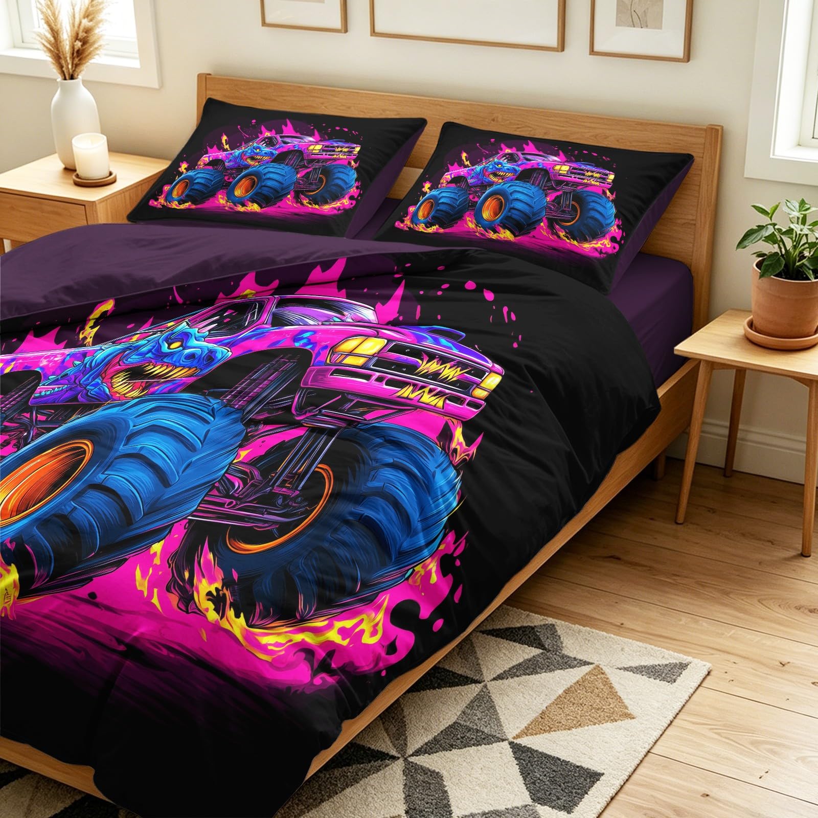 Poszwa na kołdrę Design sport fantasy 3-częściowy zestaw pościeli z płomieniem ciężarówka, zestaw z mikrofibry ciemnofioletowy komplet pościeli z 1 poszewkami na poduszki i 1 prześcieradłem z gumką