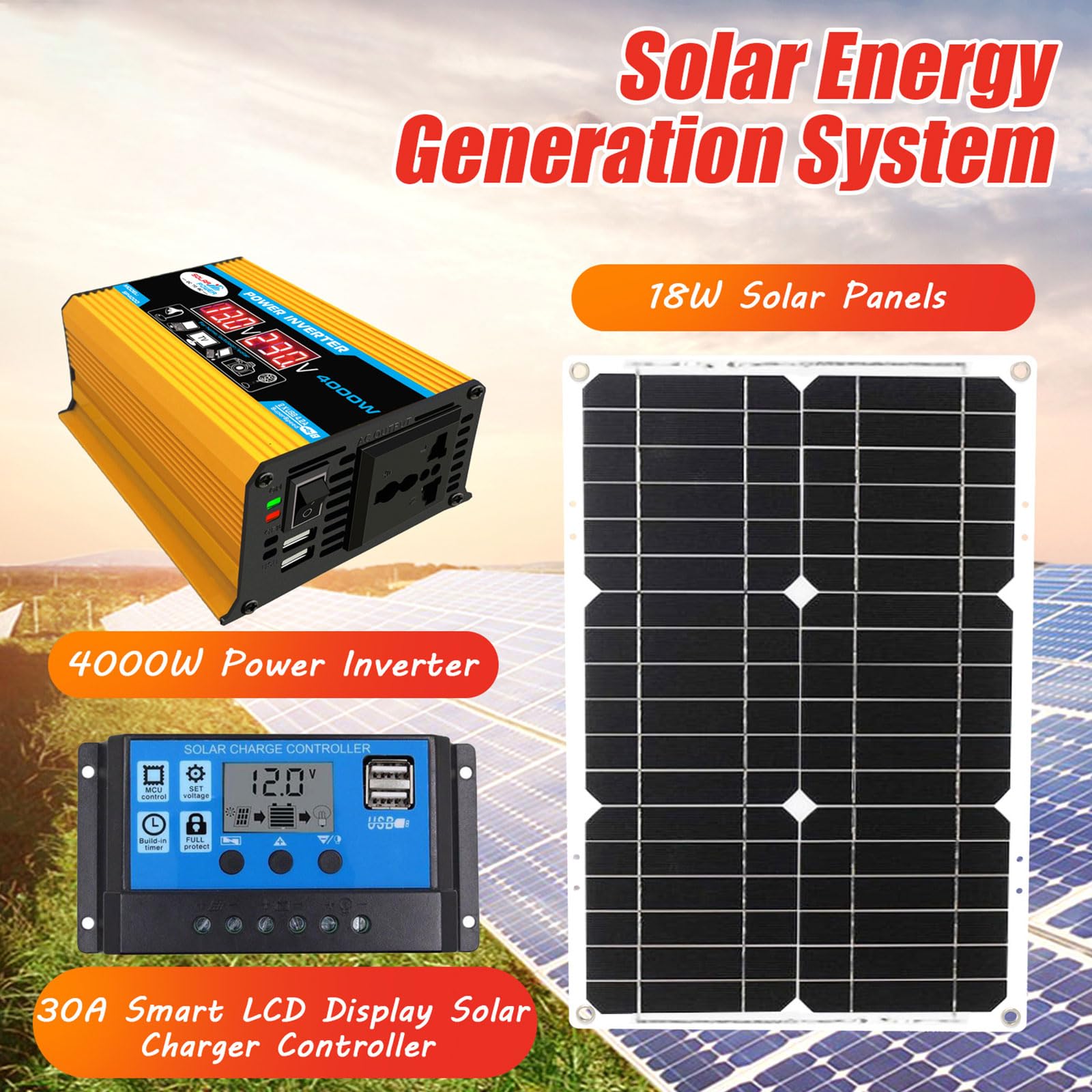 Zestaw inwertera solarnego off-grid o mocy 4000 W z wodoodpornym panelem o mocy 18 W i kontrolerem 30 A
