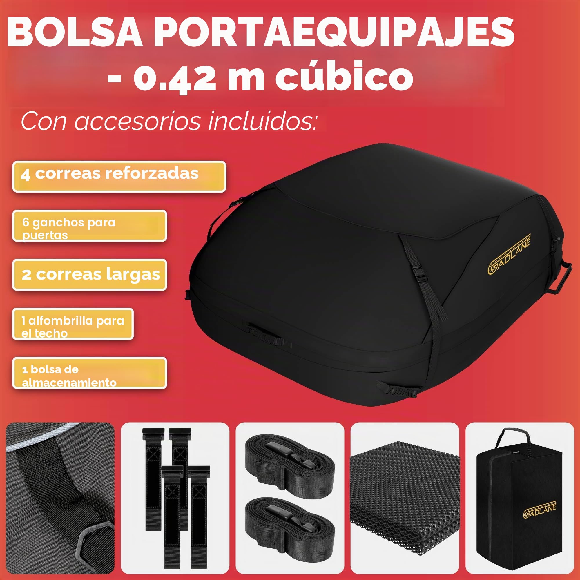 GADLANE Bolsa de Techo para Coche, 400L, Impermeable, con 4 Correas Resistentes, Alfombrilla Antideslizante y Bolsa de Almacenamiento (Negro)