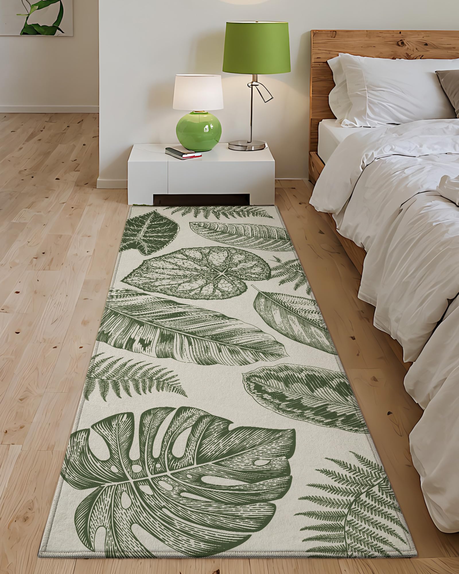 Color&Geometry Long Bedside Mat with Rural-Style Leaves 2'x6', Non-Slip, Easy to Clean, Low Pile Green Bed Side Rug, Comfort Plant-Inspired Hallway