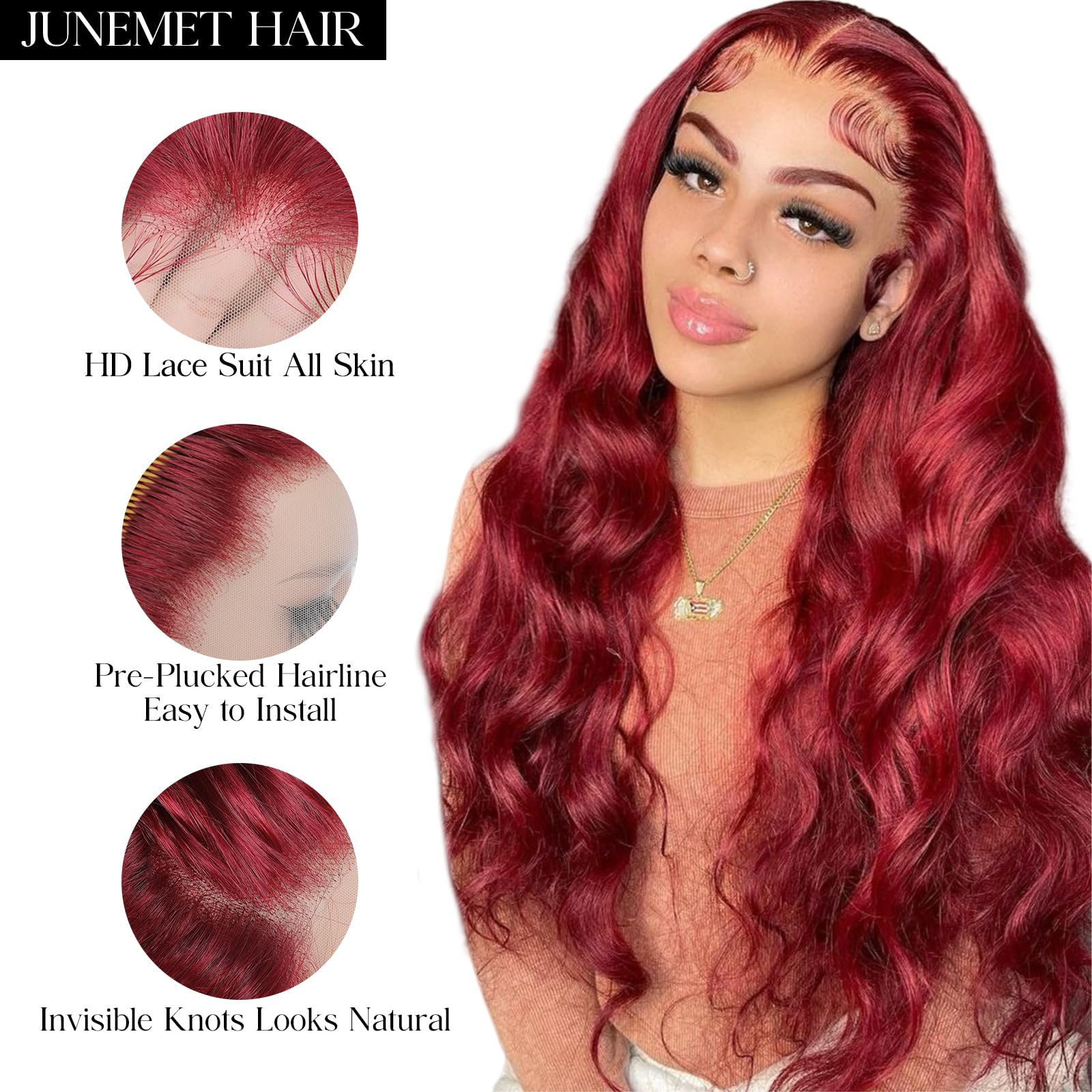 Junemet 16 Inch Red Wine 99j 13x4 HD Lace Front Wigs Human Hair Body Wave Human Hair Wigs Burgundy Glueless Real Brazilian Virgin Human Hair Lace Frontal Wigs for Women - Image 3
