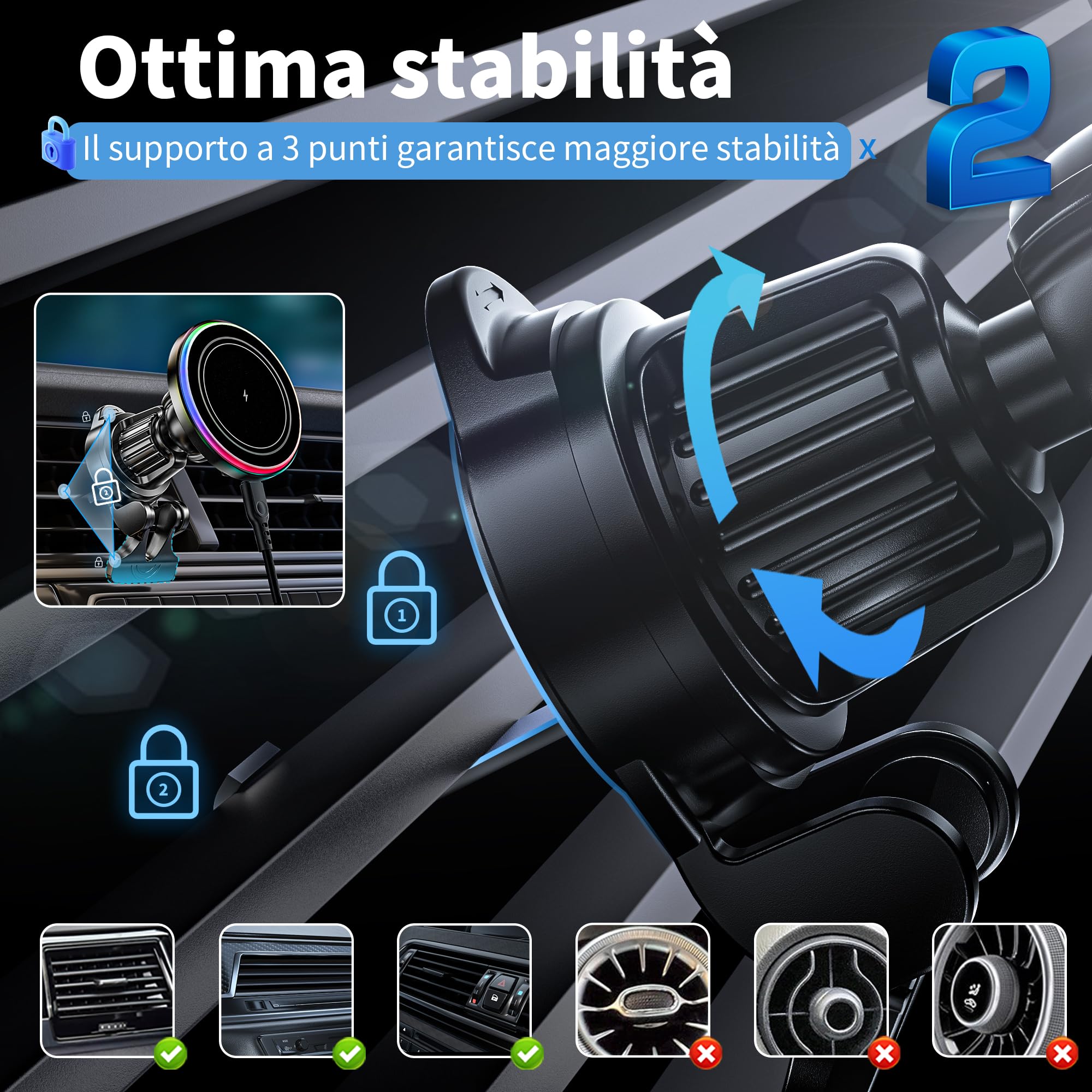 MANKIW Caricatore Auto per MagSafe, 15W Caricatore Wireless Auto per iPhone 17/16/15/14/13/12, Supporto Telefono da Auto per Bocchetta d’Aria/Cruscotto