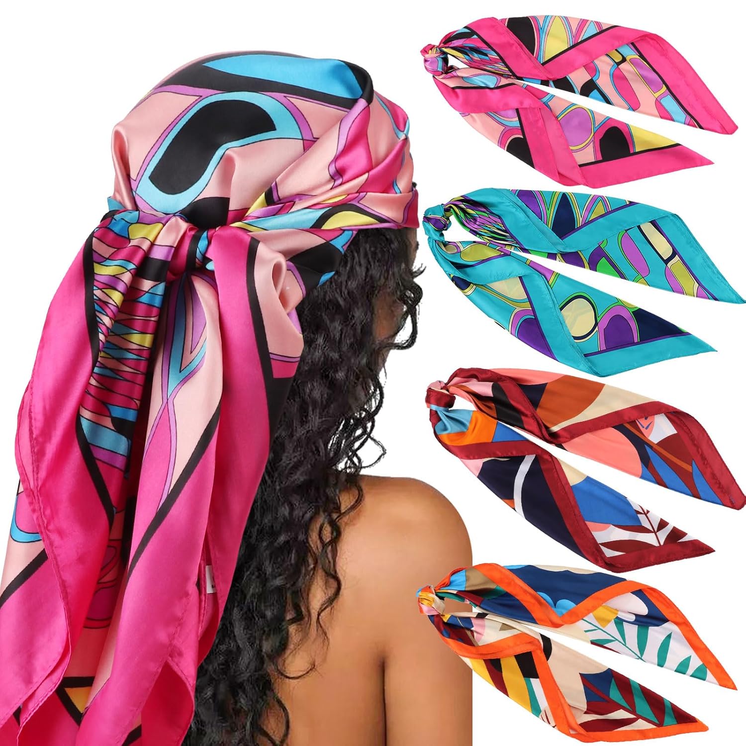 DRESHOW 35'' Large Square Satin Head Scarf 4PCS Silk