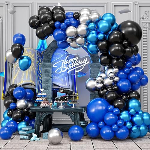 Paready Kit de arco de guirnalda de globos azules y negros, 122 piezas de arco de globos metálicos azules y plateados para cumpleaños, baby shower,