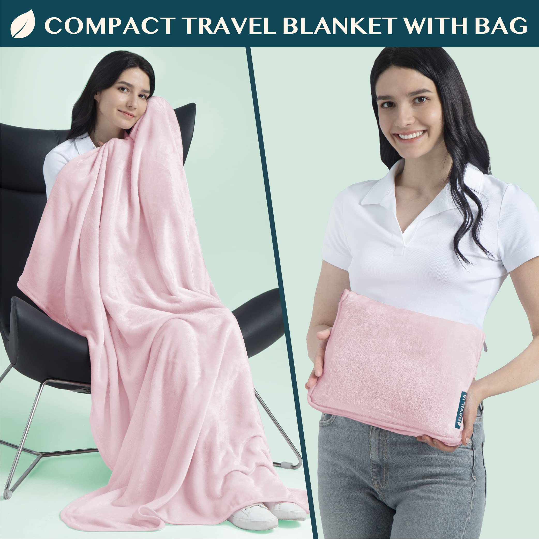 PAVILIA Reisedecke und -Kissen, Doppelreißverschlüsse, Clip on Strap | Warmes weiches Fleece 2-in-1 Combo Decke Flugzeug, Camping, Gepäckrucksack-Gurt, 60 x 43 (Blush Pink)