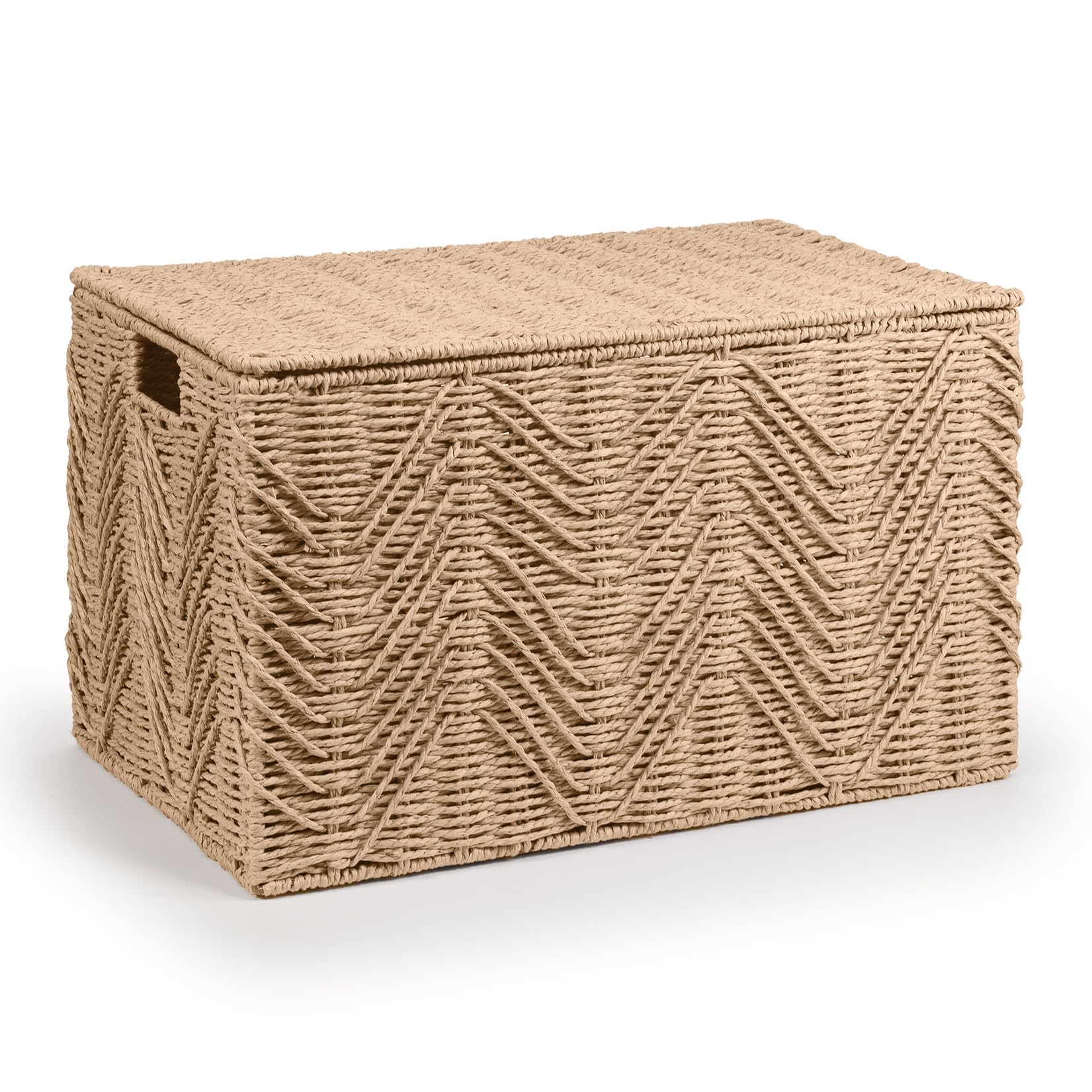 woodluv Storage Basket Trunk Chest, Woven Storage Basket with Lid, Storage organiser, Basket Storage Bedding, Blanket & Toy Box, Medium - Khaki
