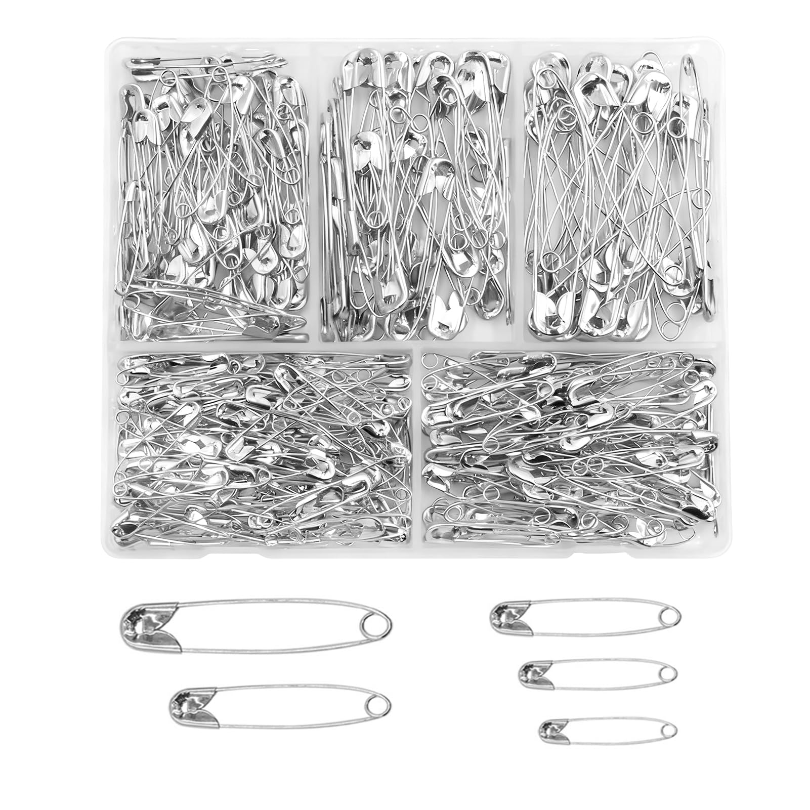 380 PCS Safety Pins, Assorted Safety Pins 5 Sizes, Rust Resistant Nickel Plated Steel for Sewing, Crafting and Clothing