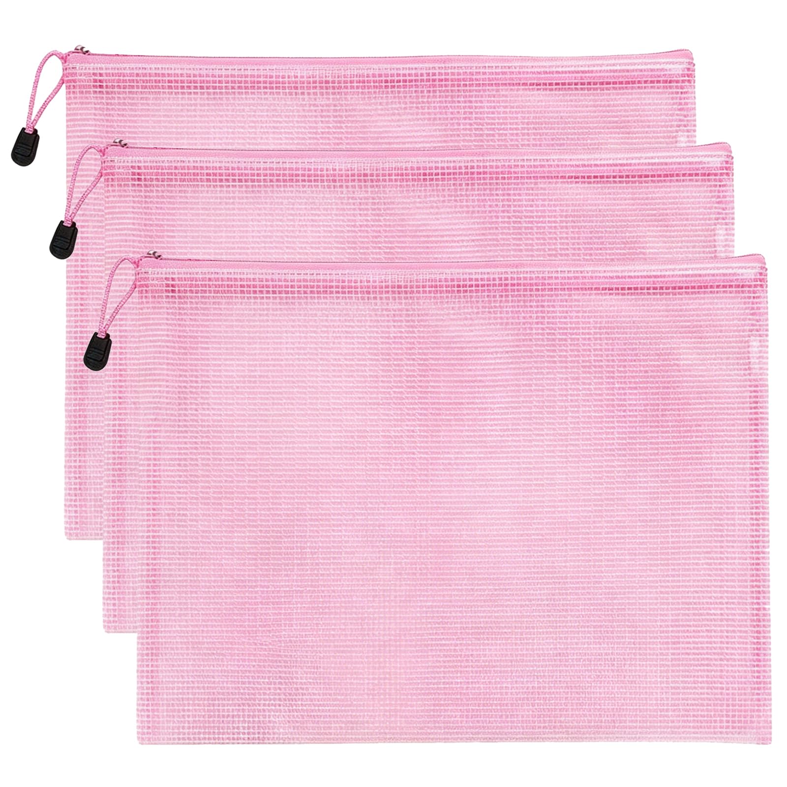 Unifizz 3pcs Plastic Wallets A6 File Folder Document Mesh Zipper Bags Waterproof Zip Wallet Bag Office Stationery Storage Pouch Pink