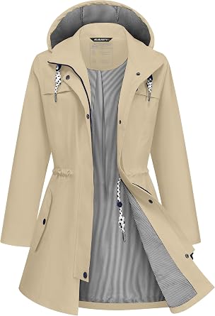 ATLASLAVA Rain Jacket Women Waterproof Long Lightweight Raincoat Hooded Windbreaker Outdoor Trench Coat S-3XL